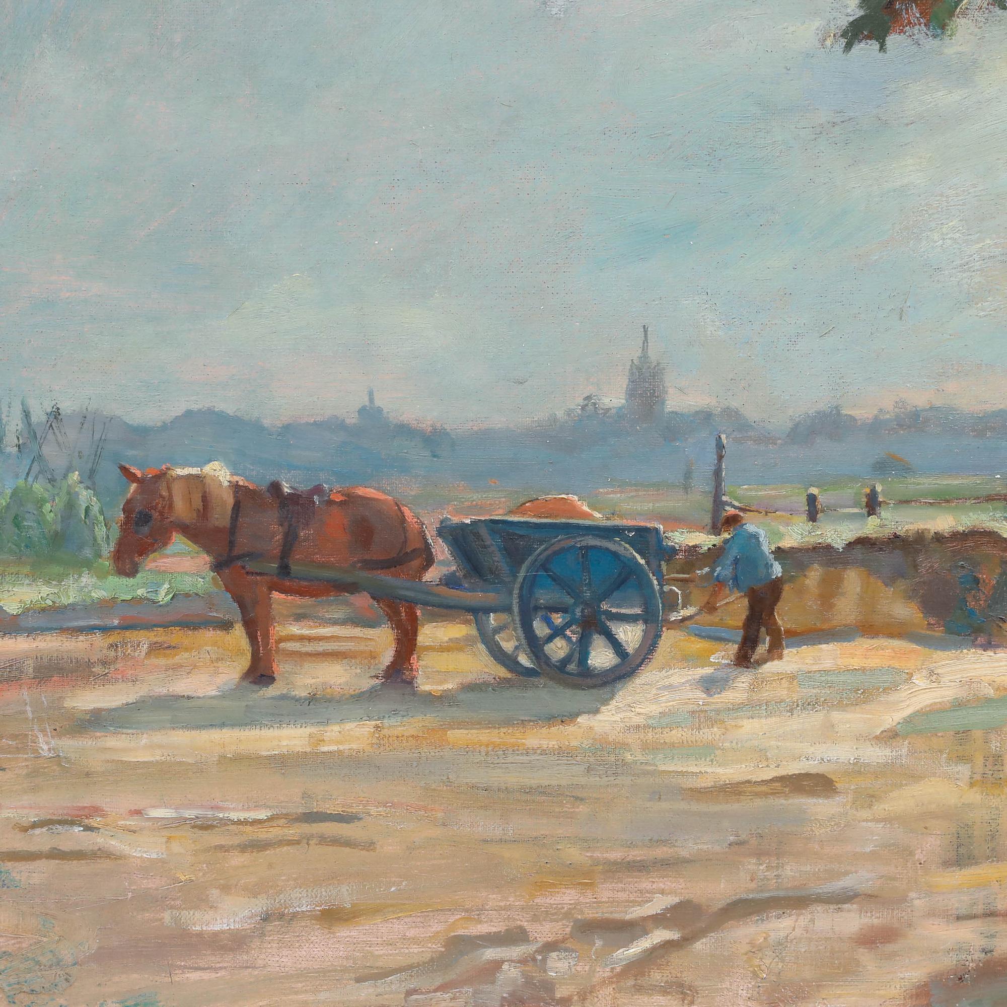 This delightful early 20th century landscape captures a countryside scene with a horse-drawn cart and workers set against a soft, hazy horizon. The composition is framed by an overhanging tree to the foreground, drawing the viewer's eye across the