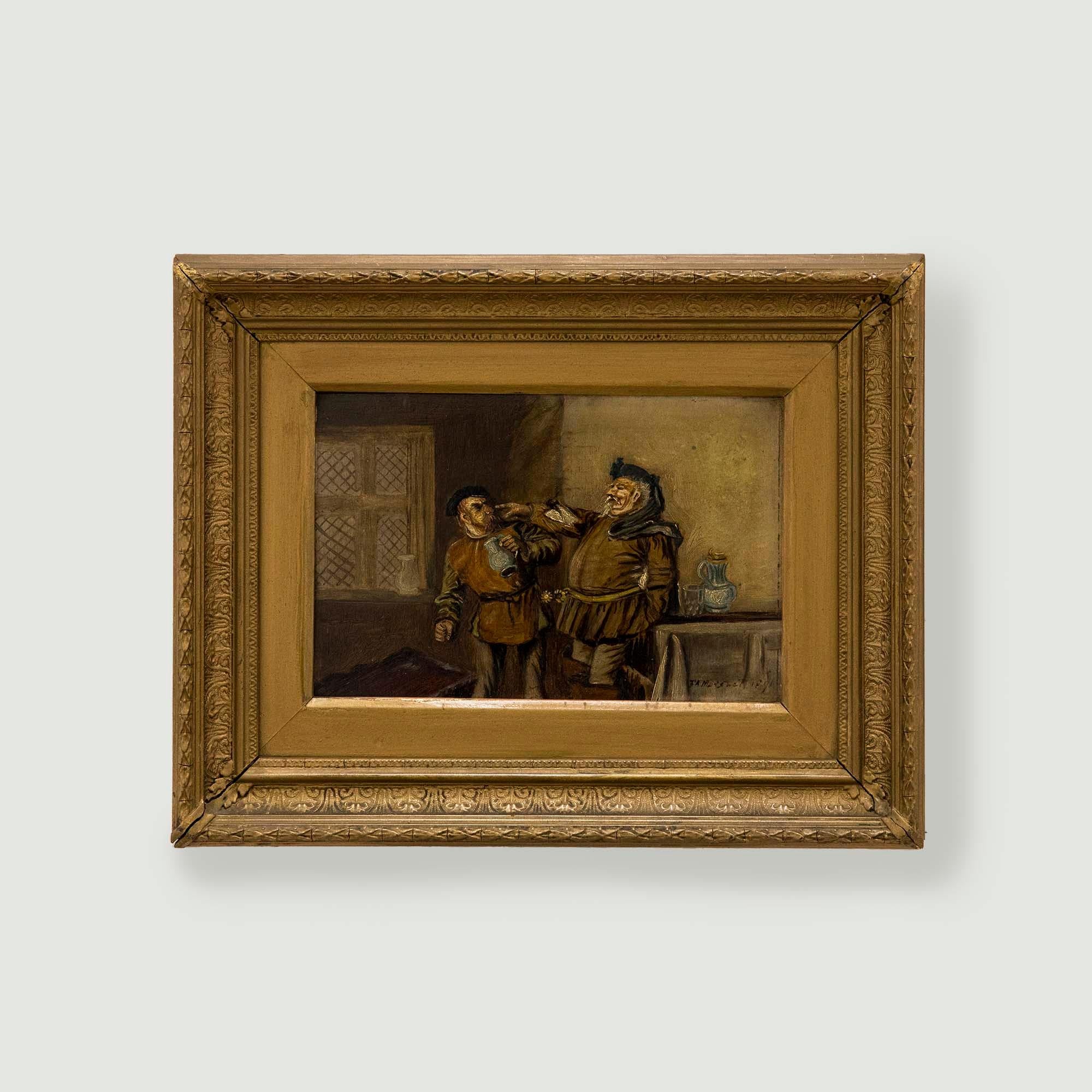 A humorous moment captured in oil, showing two men at an inn, having a drunken disagreement. A portly man points aggressively at another man who recoils, holding his tankard of ale. The artist has signed and dated to the lower right corner and the