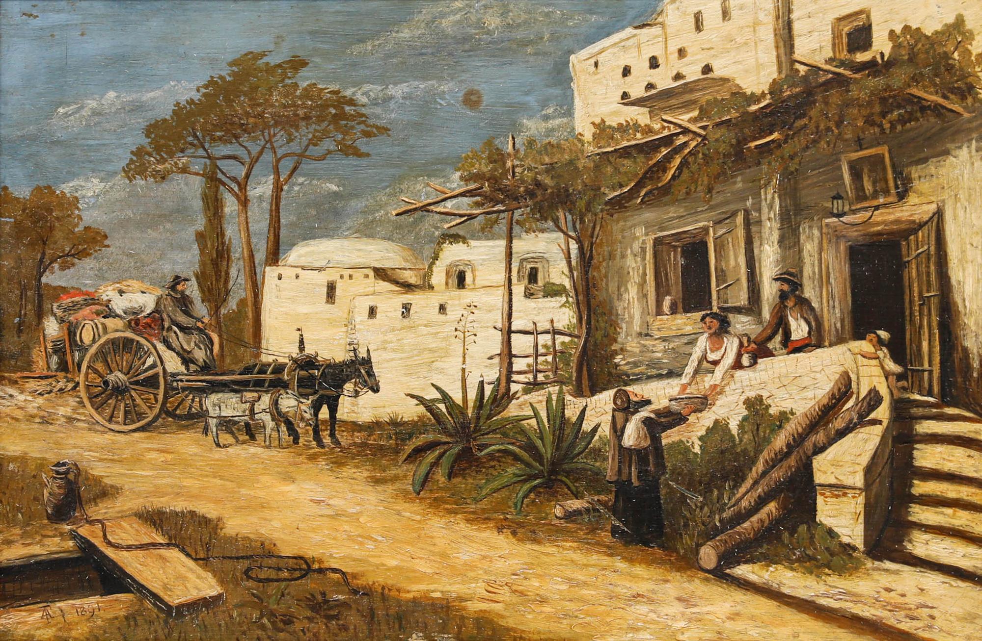 1891 Oil - Mediterranean Village - Painting by Unknown