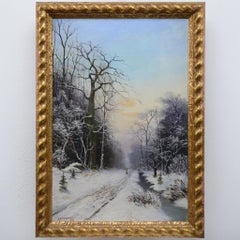 1897 Antique European Winter Landscape Forest Road Oil Canvas Signed Framed