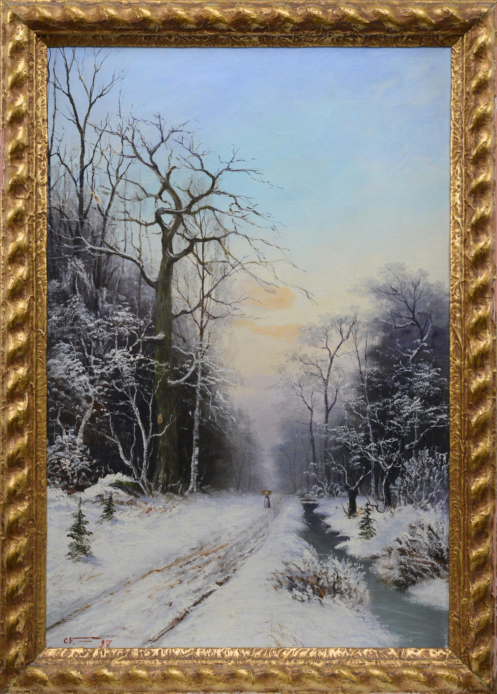 Unknown Landscape Painting - 1897 Antique European Winter Landscape Forest Road Oil Canvas Signed Framed