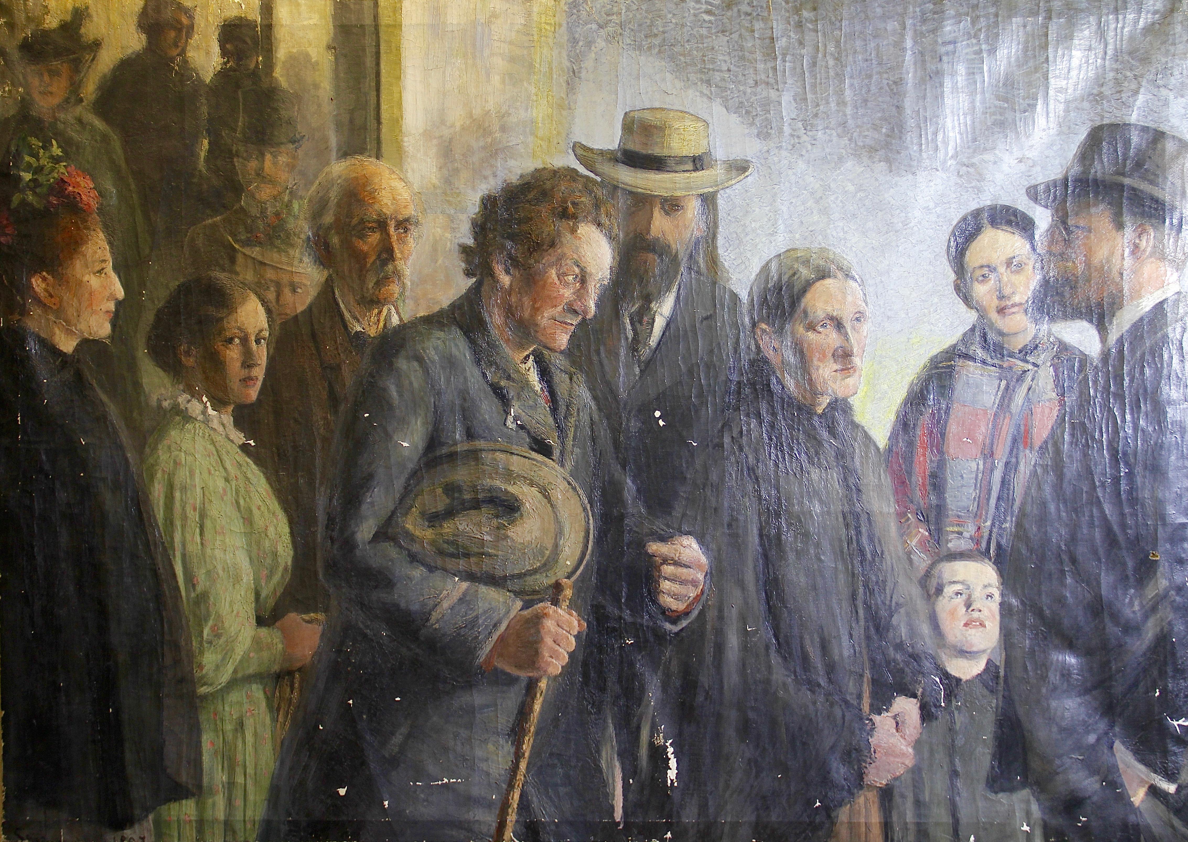 Figurative Painting di Unknown - 1897, Pittura a olio di grandi dimensioni, stile impressionista. "Incontro serio"