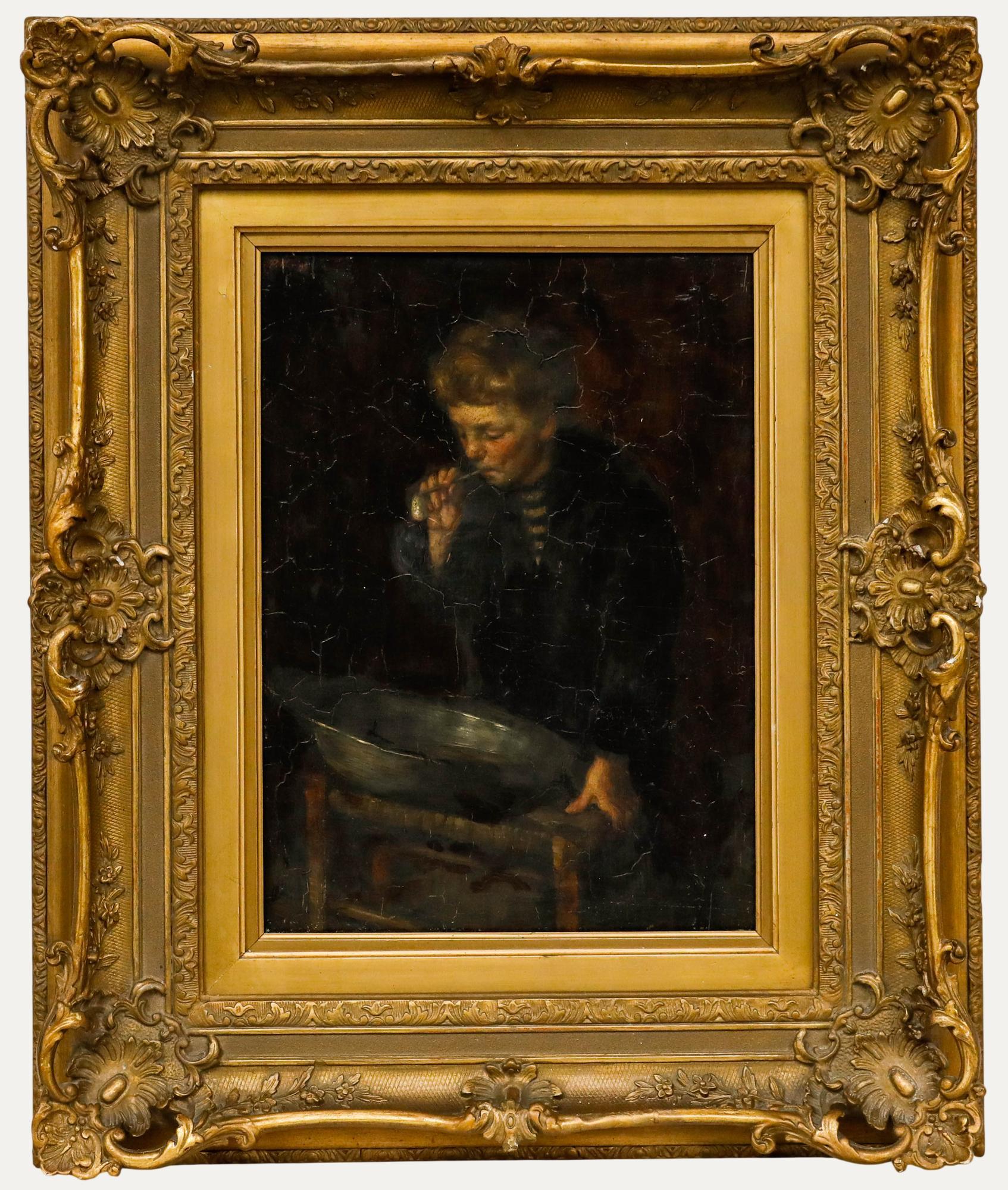 Unknown Portrait Painting - 1899 Oil - Blowing Bubbles
