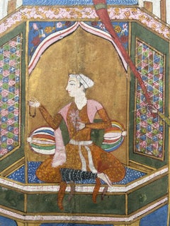 Persian School Indian Miniature Islamic painting Blue Architecture Prince
