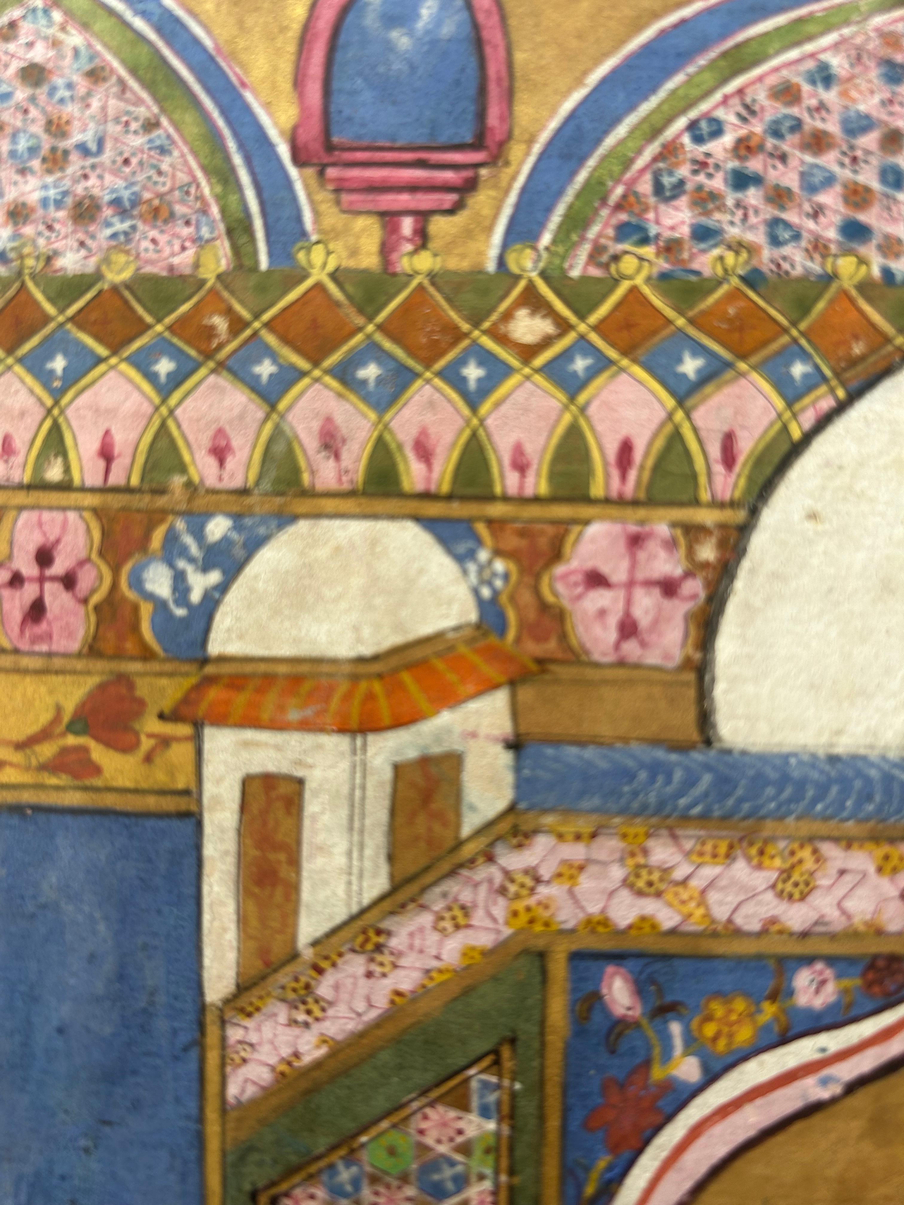 Escuela Persa

Esta miniatura es un enigma interesante, ya que varios elementos quedan fuera de los ejemplos conocidos. El estilo general, la representación de los elementos arquitectónicos, la ornamentación y la perspectiva concuerdan con obras de