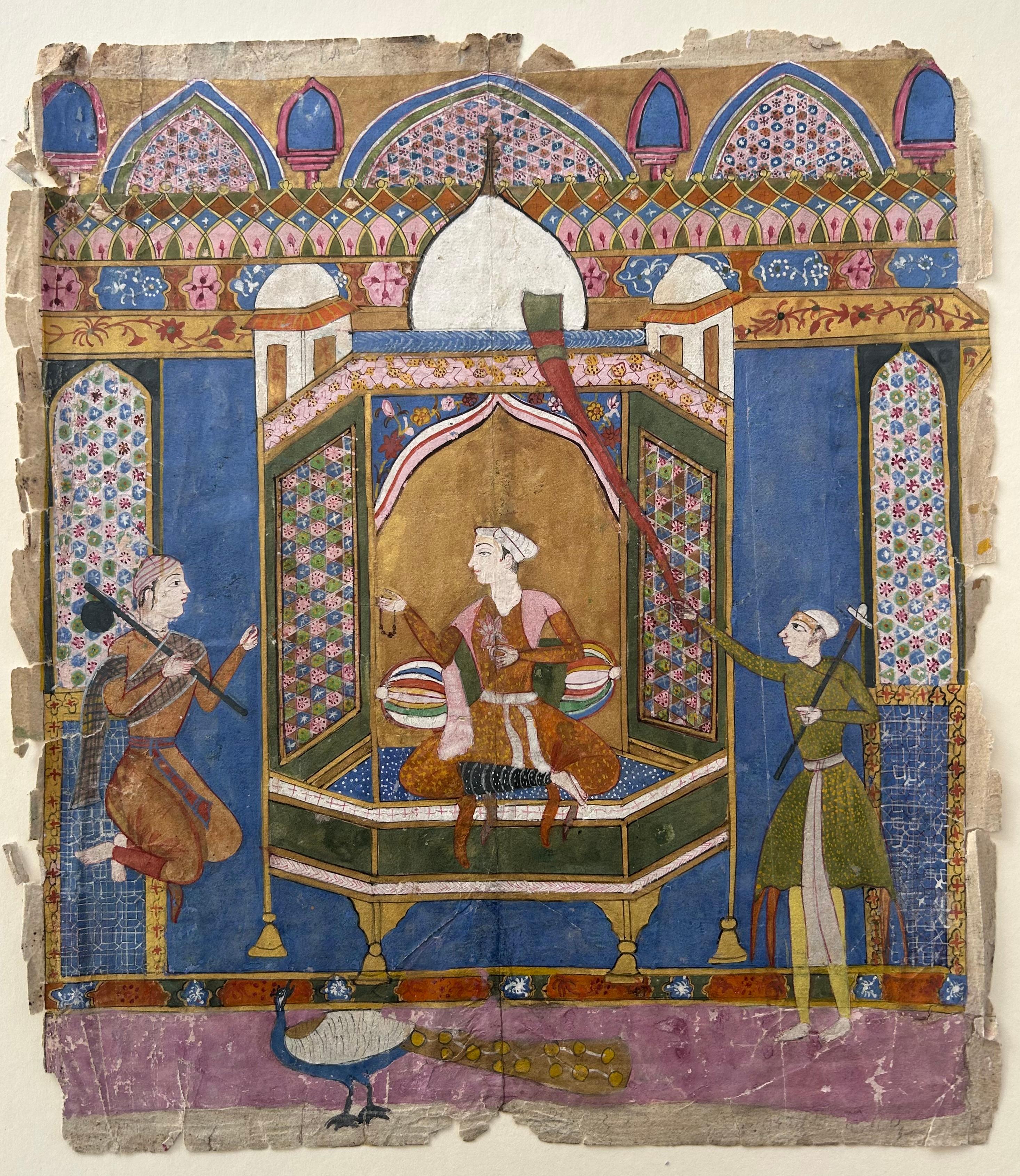 Figurative Painting de Unknown - Escuela persa Miniatura india Pintura islámica Arquitectura azul Príncipe