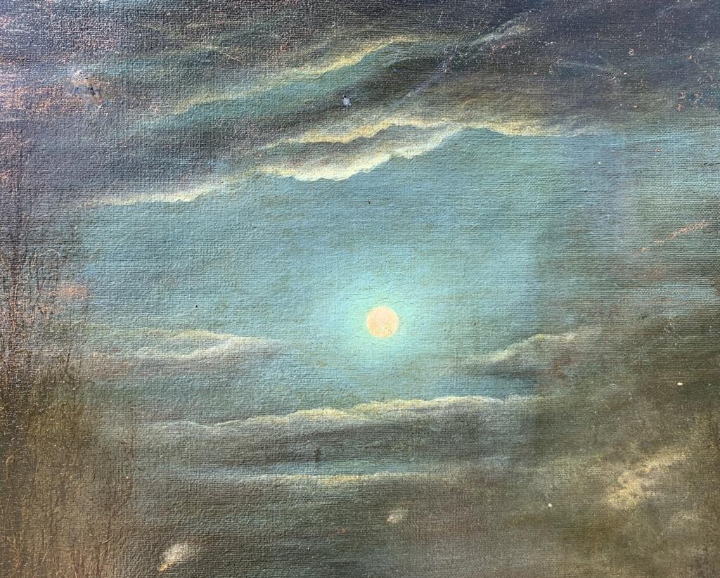 Romantic Italian painter - 19th landscape painting - Moonlight - Oil on canvas For Sale 1