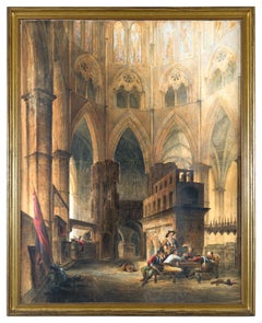 18th-19th German figure painting - Cathedral interior - Watercolor paper canvas 