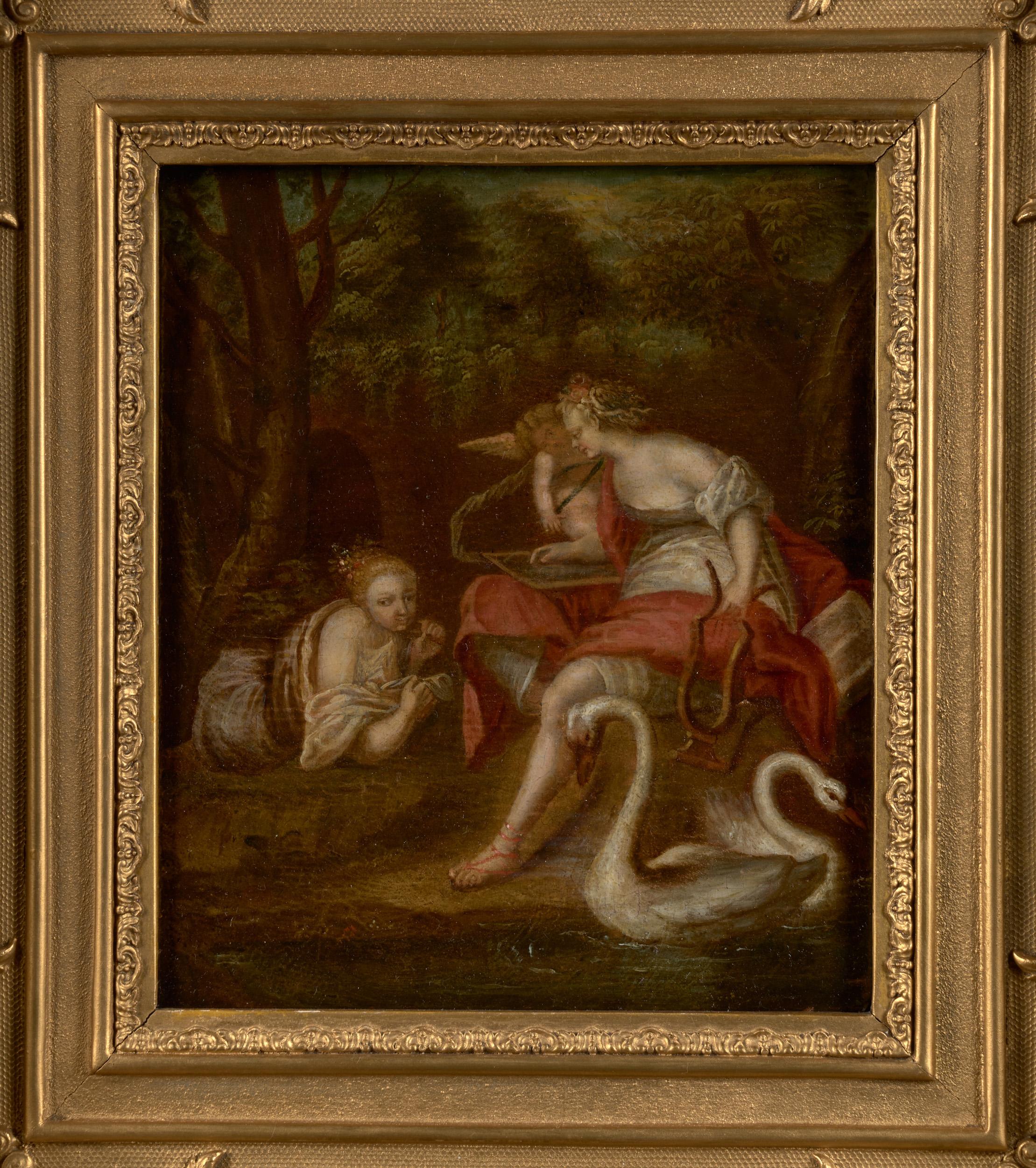 Unknown Portrait Painting - 18th C, Baroque style, Mythology, Muses Erato and Euterpe with Amor and Swans