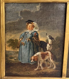 Triptyque hollandais du XVIIIe siècle, peinture à l'huile représentant une femme, des chiens, des bateaux et une scène d'intérieur
