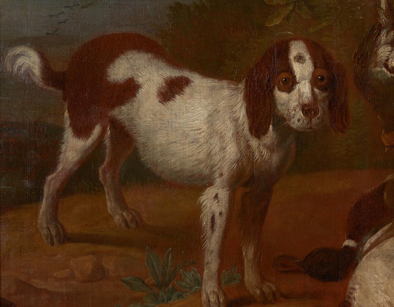 The 18th-century painting shows a scene after the hunt. The Blenheim Spaniel stands proudly next to the poultry he has collected. The artist may have borrowed the dog from a print after a design by the 17th-century painter Johan le Ducq from the