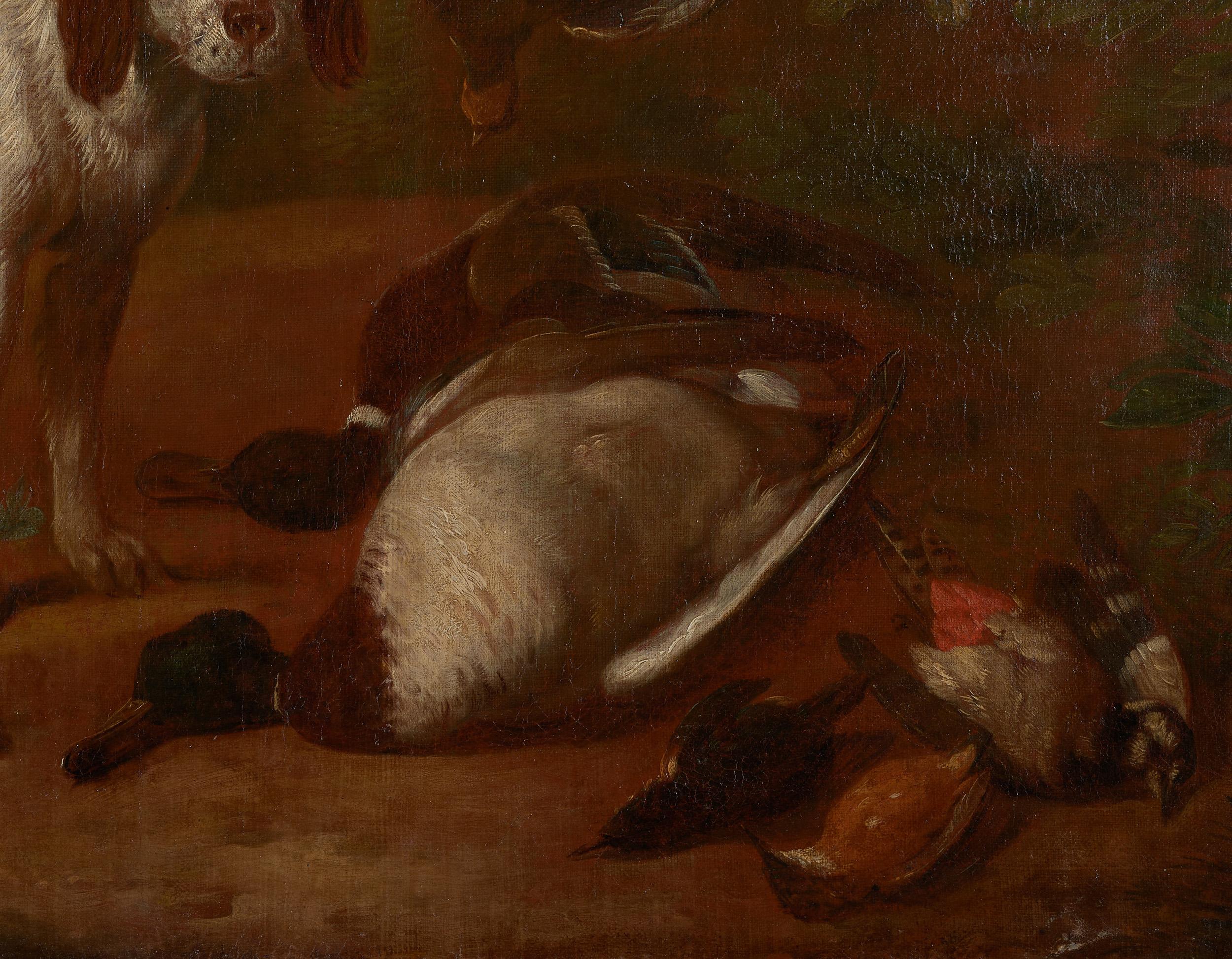 The 18th-century painting shows a scene after the hunt. The Blenheim Spaniel stands proudly next to the poultry he has collected. The artist may have borrowed the dog from a print after a design by the 17th-century painter Johan le Ducq from the