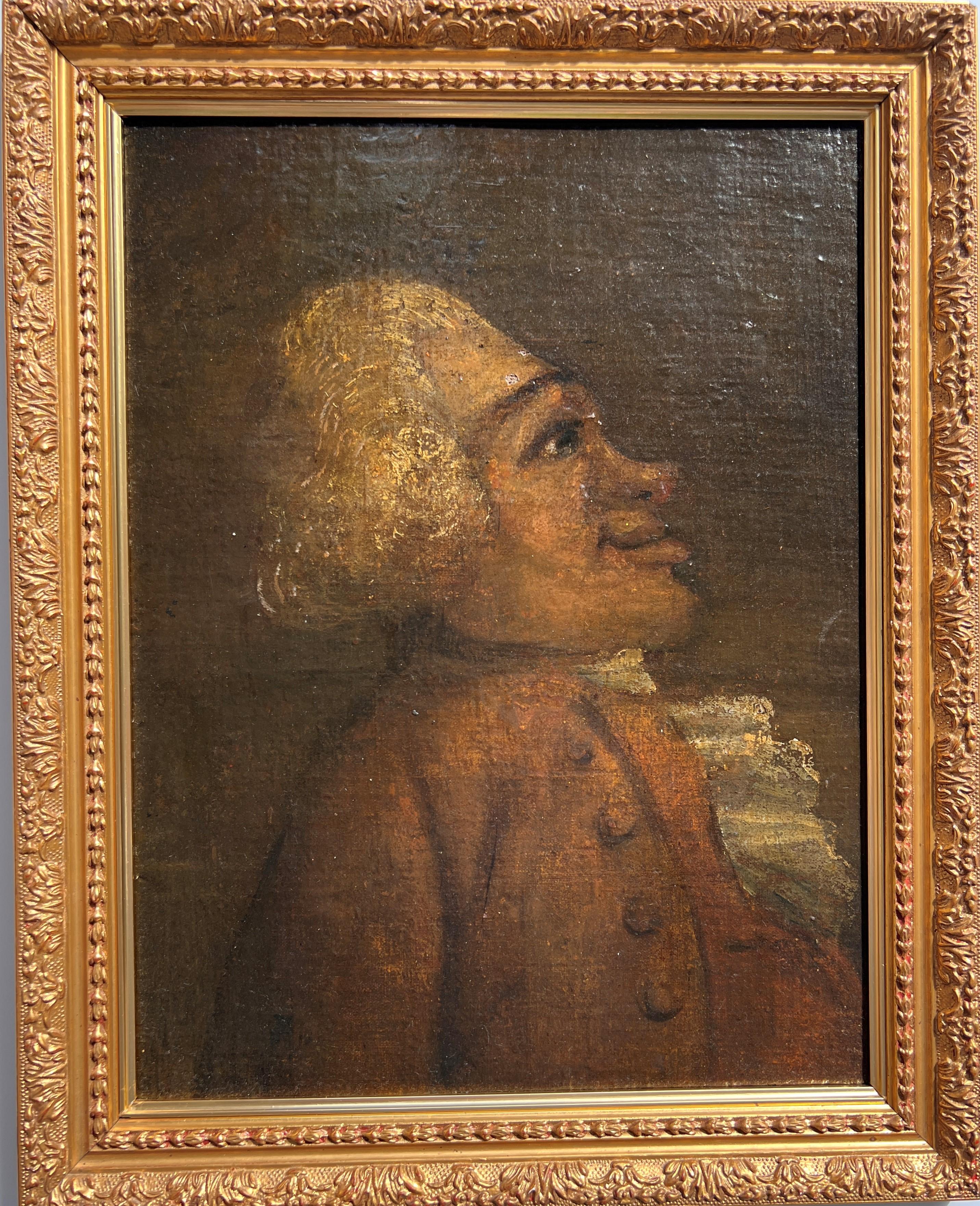 Up for sale is an unusual unique antique 18-century  original oil painting on board depicting a figure of a gentleman wearing a white wig and is dressed in a red jacket and white jabot, typical of the period. His face is almost comical in its