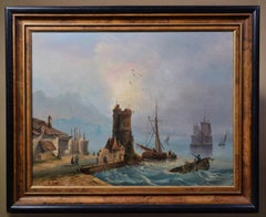 Peinture à l'huile ancienne du 18e siècle Scène de port côtier avec tours Ancien Maître