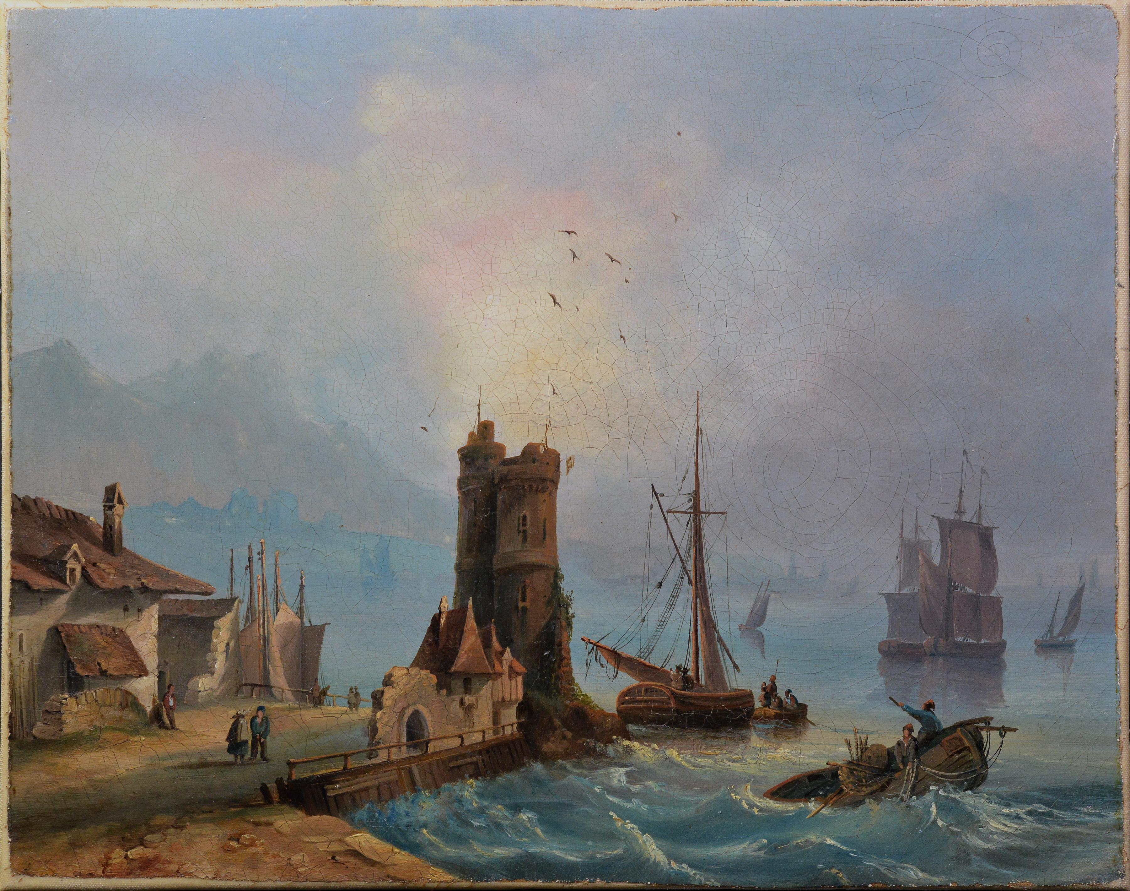 This captivating seascape presents a masterful coastal harbor scene from the 18th century, attributed to an unknown master of marine art. The composition is built around 2 watchtowers rising above the coast and serving both as a navigational