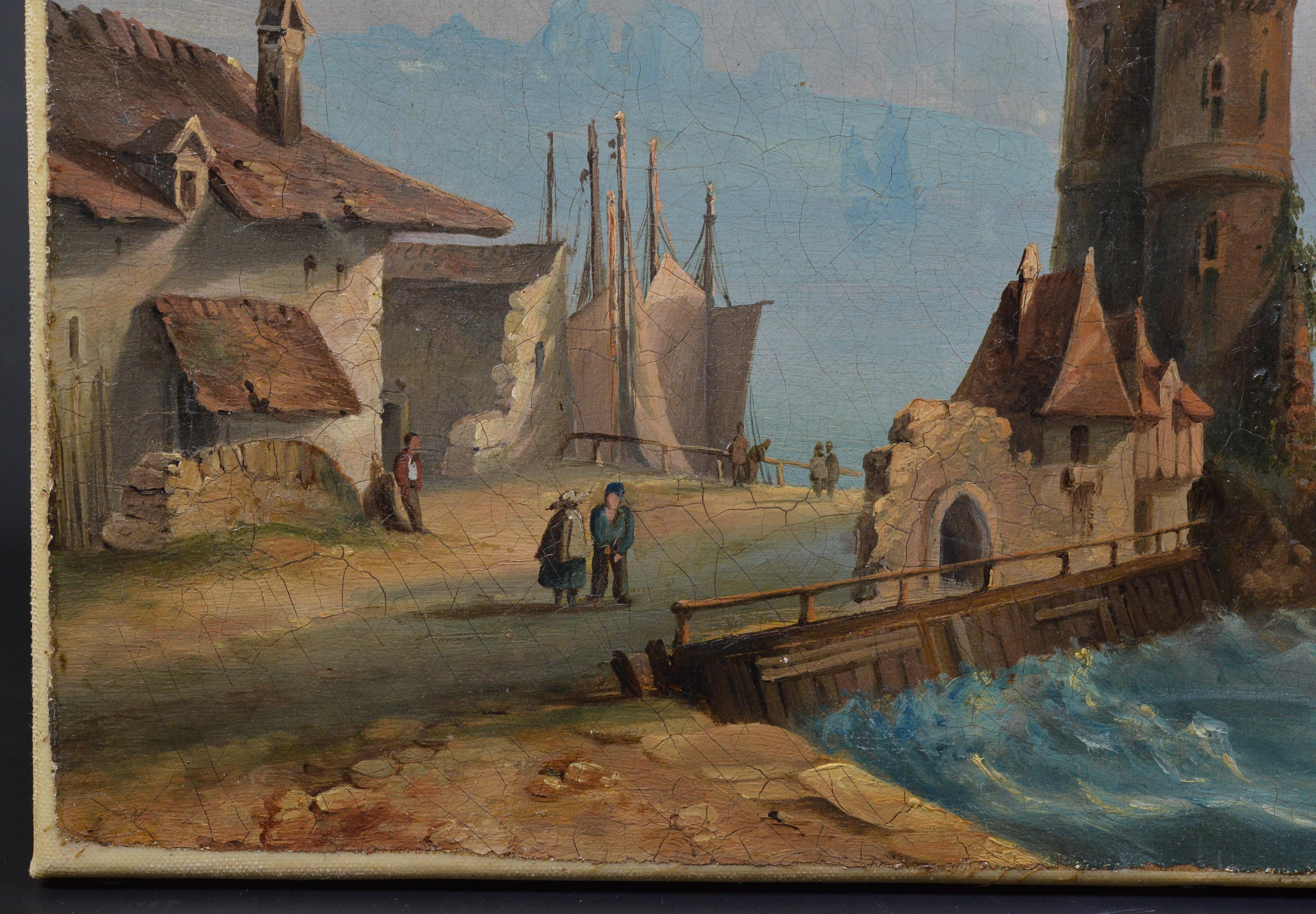 18th Century Antique Oil Painting Coastal Harbor Scene with Towers Old Master For Sale 2
