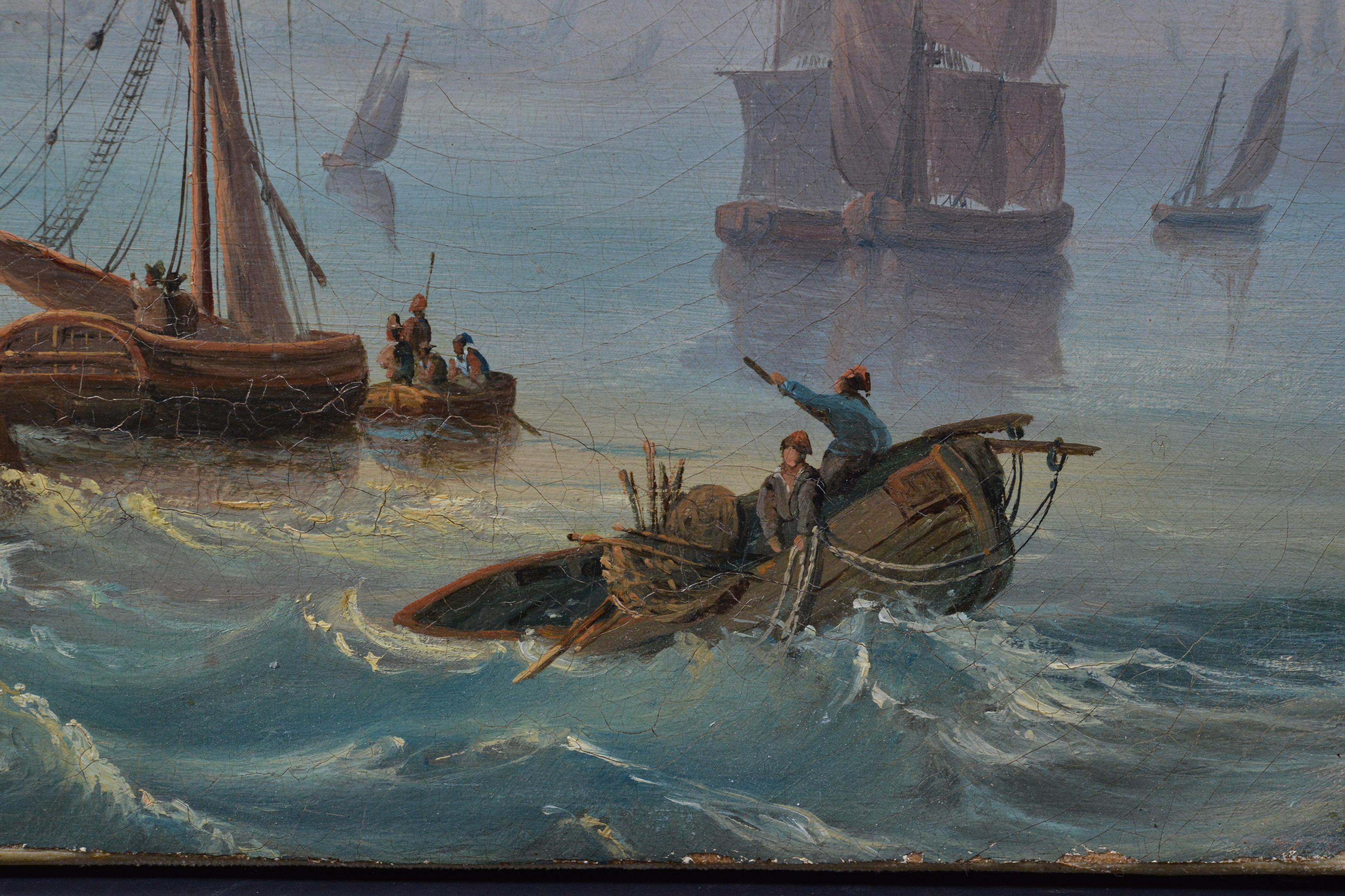 18th Century Antique Oil Painting Coastal Harbor Scene with Towers Old Master For Sale 3