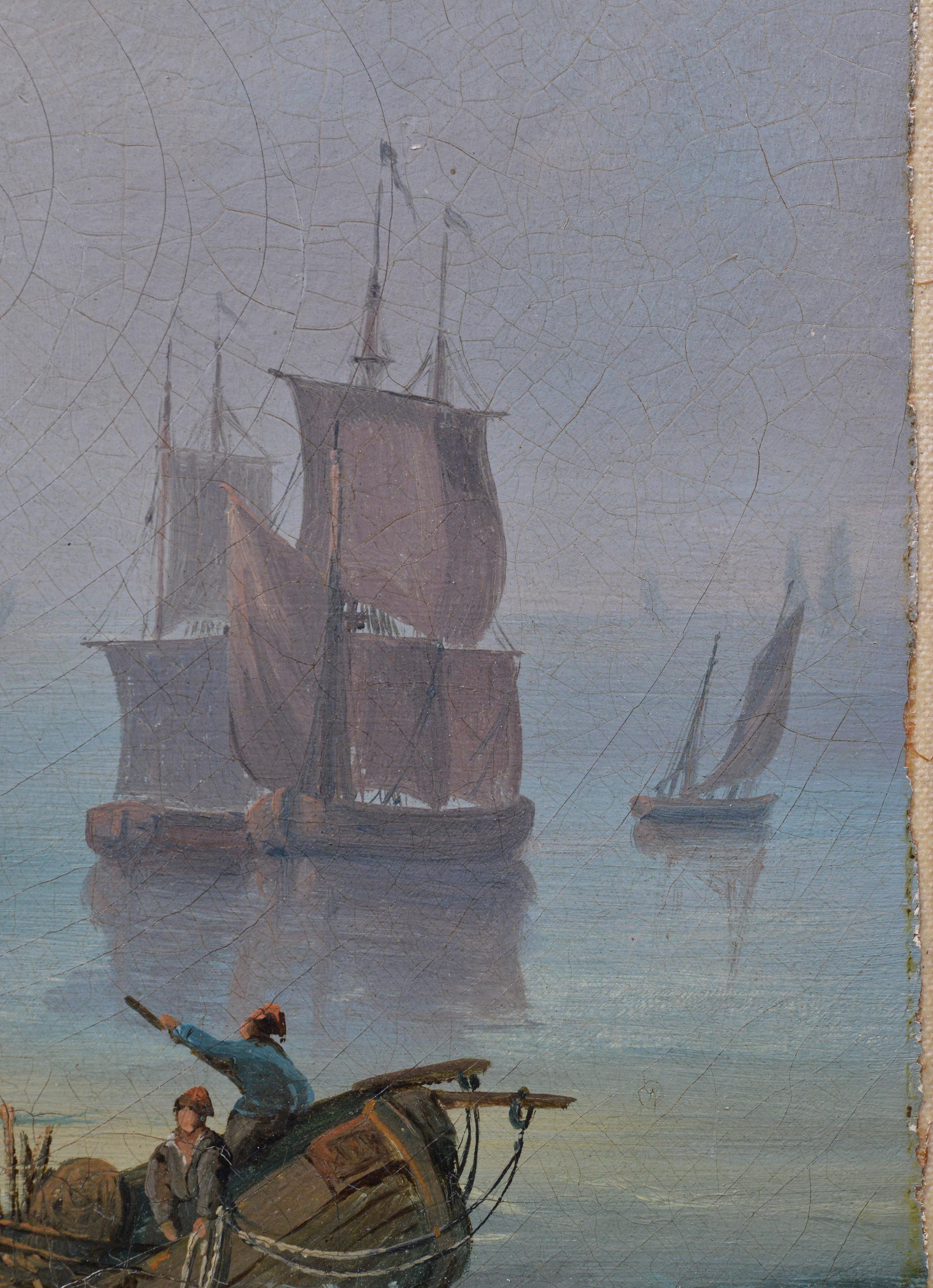 18th Century Antique Oil Painting Coastal Harbor Scene with Towers Old Master For Sale 4