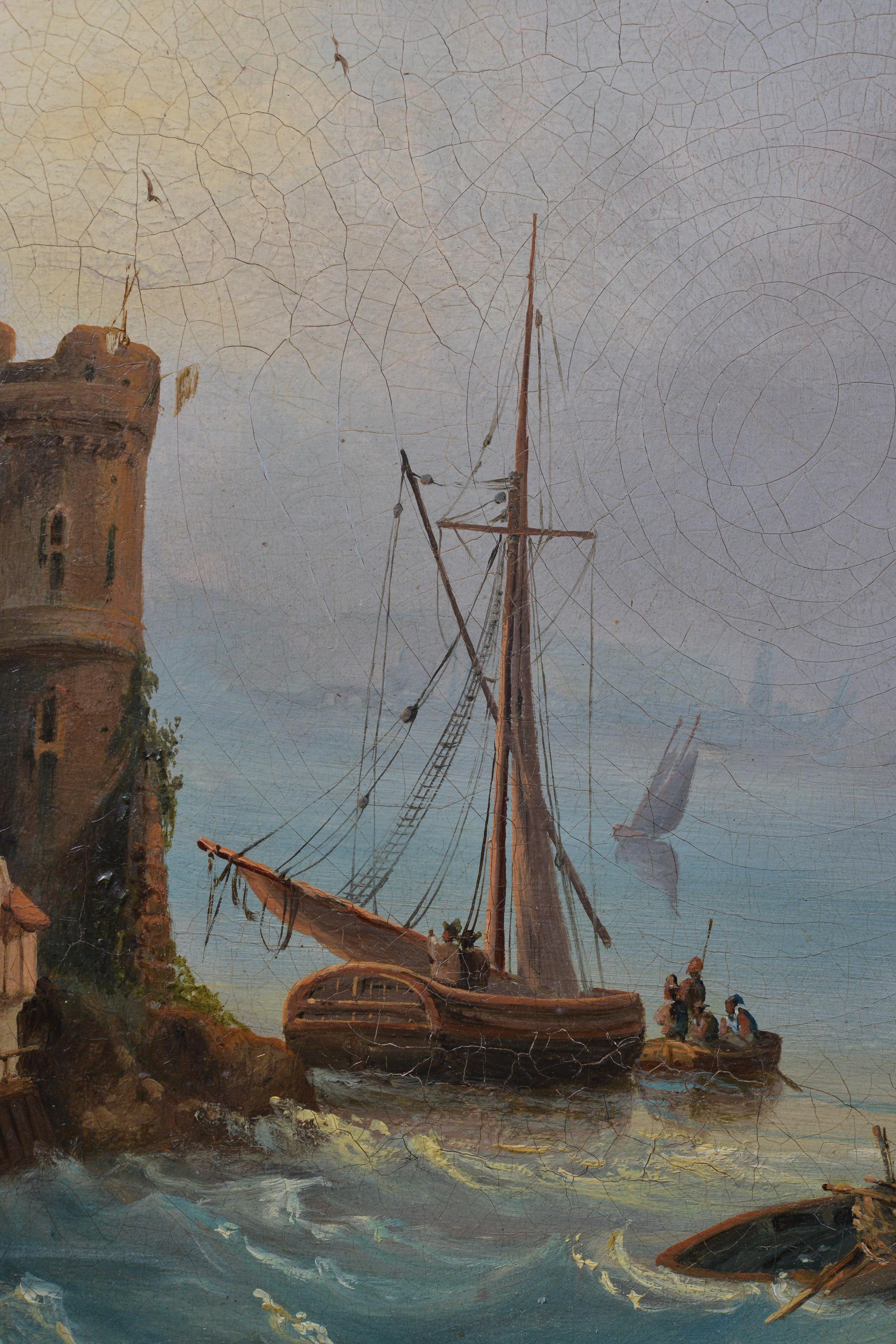 18th Century Antique Oil Painting Coastal Harbor Scene with Towers Old Master For Sale 5
