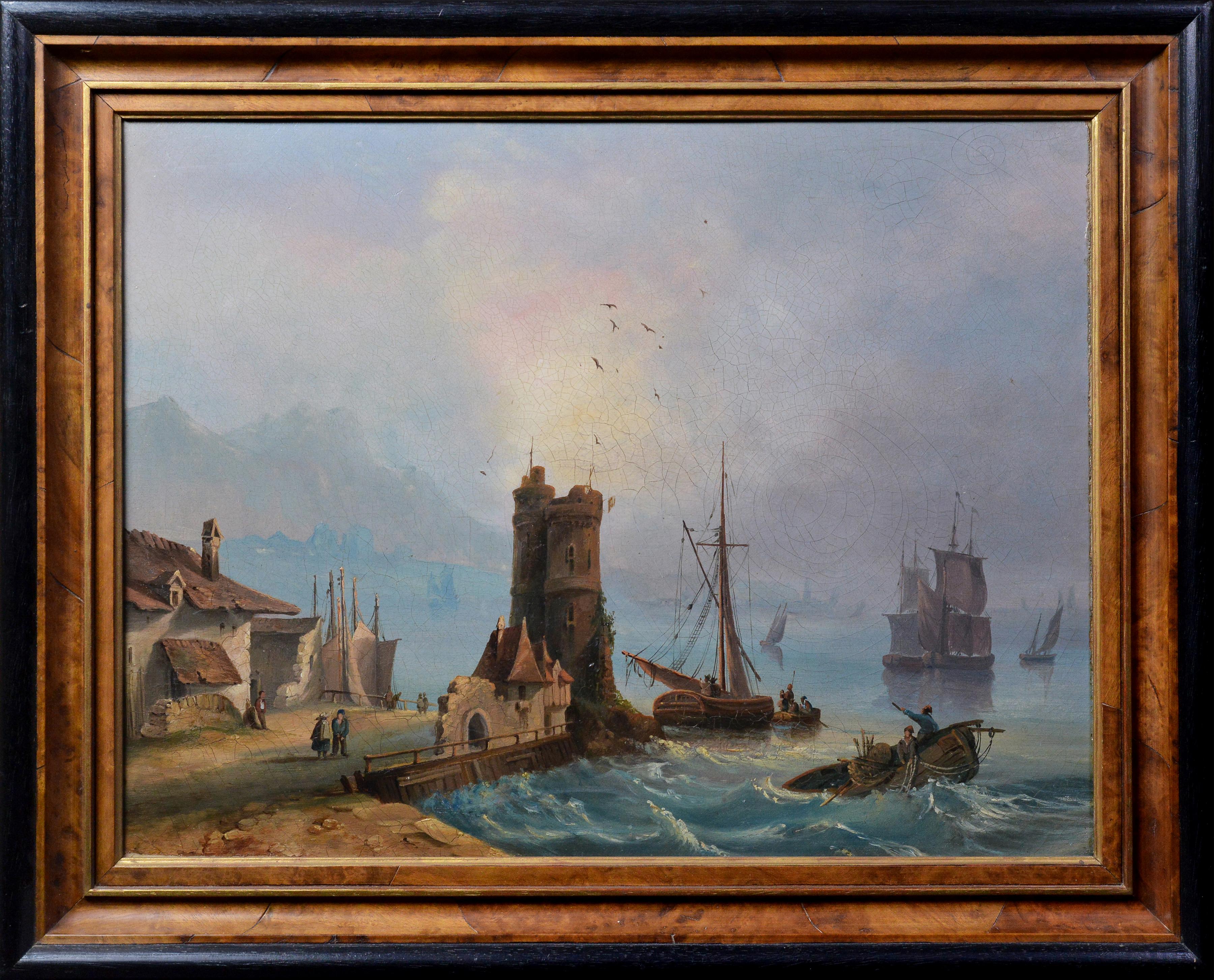 Unknown Landscape Painting - 18th Century Antique Oil Painting Coastal Harbor Scene with Towers Old Master