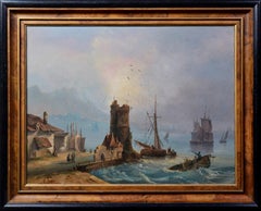 18th Century Antique Oil Painting Coastal Harbor Scene with Towers Old Master