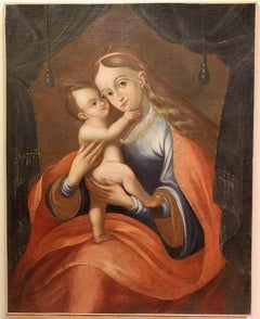 18th Century, Antique Oil Painting, Old Master. Portrait of Mother with child.