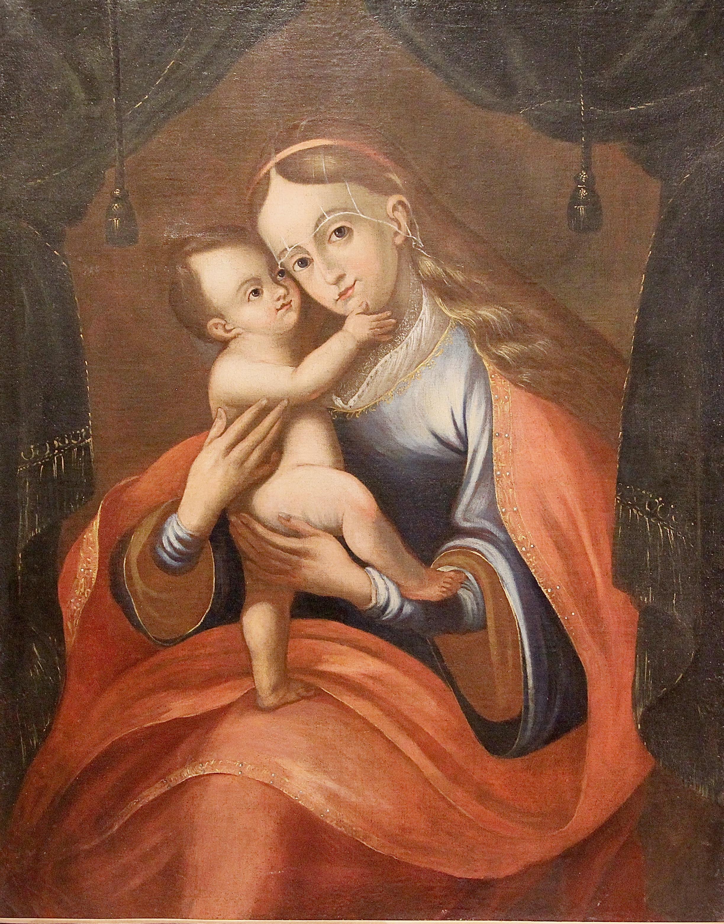 18° secolo, Pittura ad olio antica, Antico Maestro. Ritratto di madre con bambino.