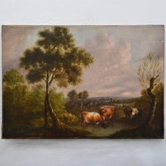 18. Jahrhundert Antike pastorale Landschaft Kühe Tränke Loch Original Öl-Leinwand