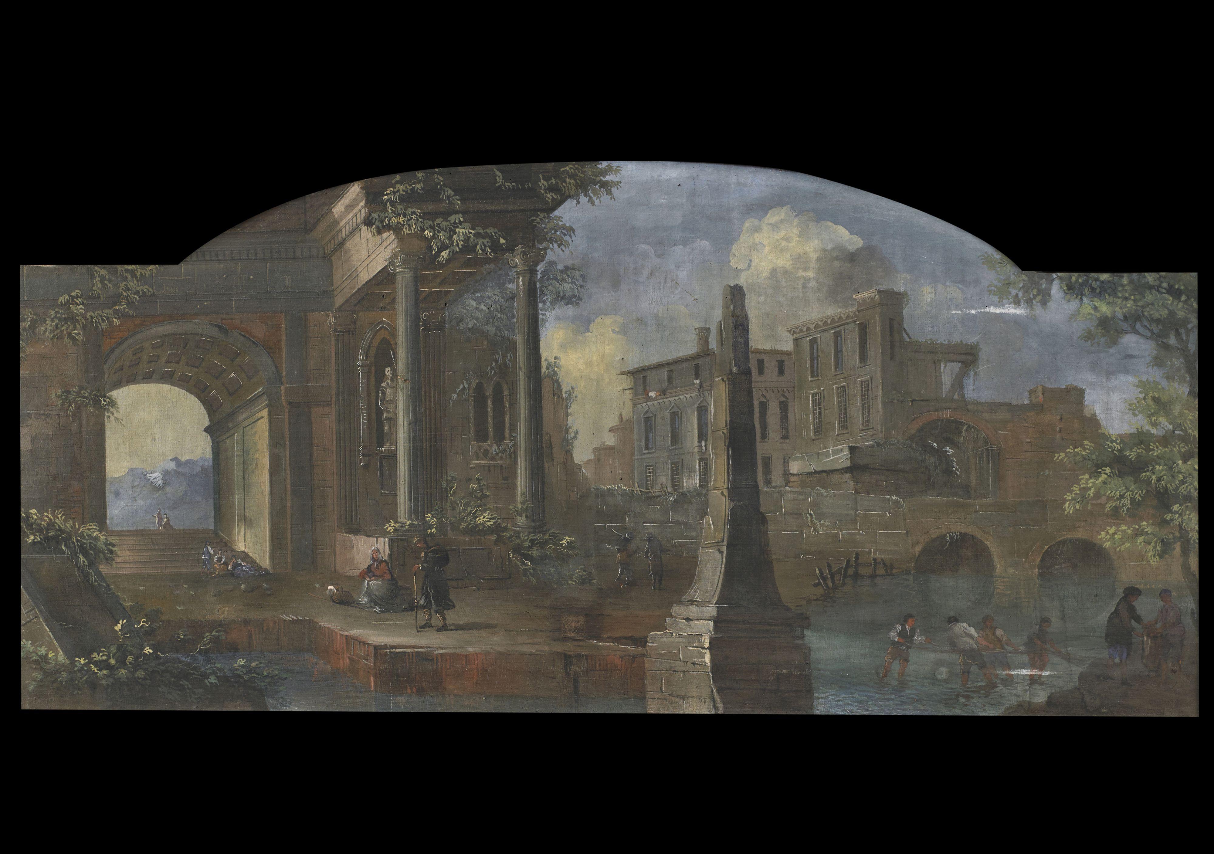 18th Century Architectural Capriccio Italian School  Landscape Oil on Canvas 