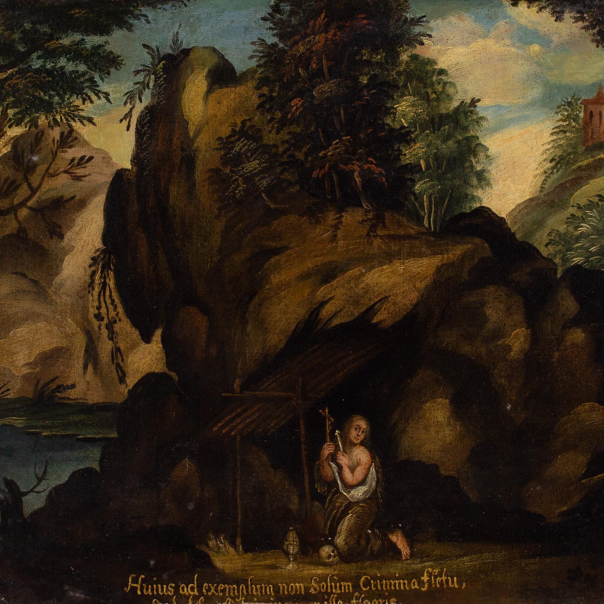 This 18th-century oil painting depicts the penitent Mary Magdalene before a cave dwelling and mountainous scenery. She’s kneeling, as if in prayer, and looks directly at the viewer. It's an allegory of repentance.

The story of Mary Magdalene stems