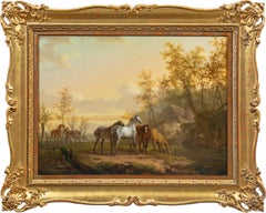 18th century British animal painting - Horses at river - Oil on panel figure