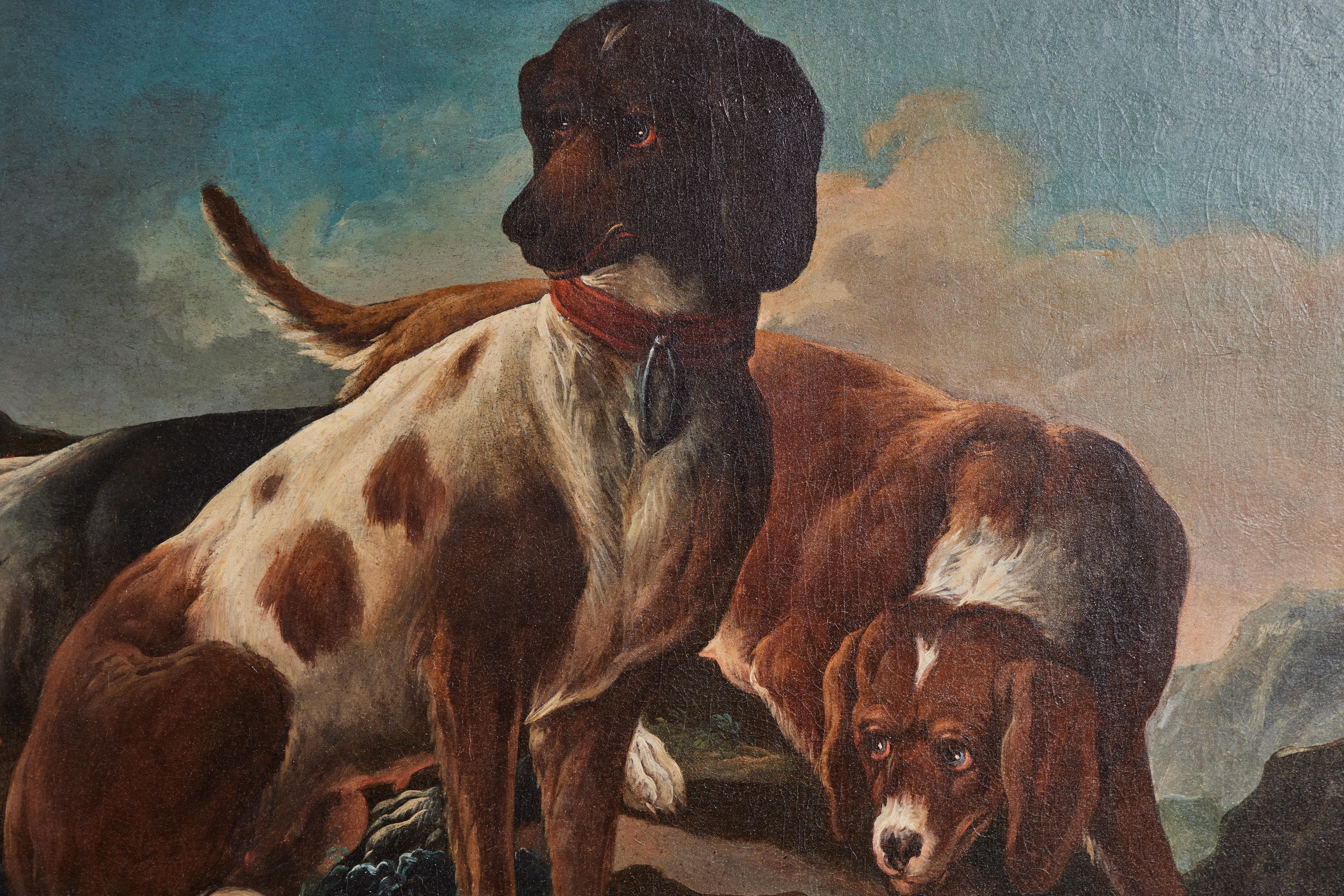 Striking, beautifully composed, c. 1740, Italian, oil-on-canvas painting of three hounds in a mountainous landscape. Soulful, slightly naive and richly detailed. Held in an antique, giltwood frame. Signed 