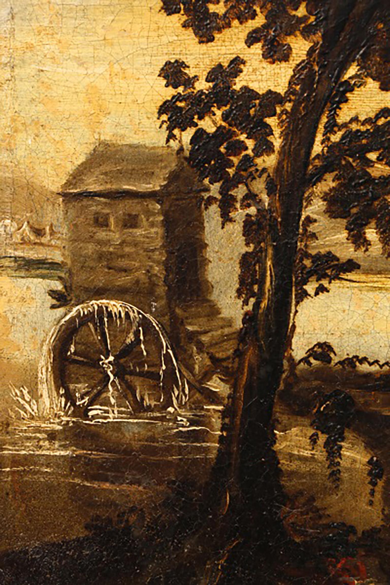 18th Century Continental Riverside Mill Landscape Oil - Brown Landscape Painting by Unknown