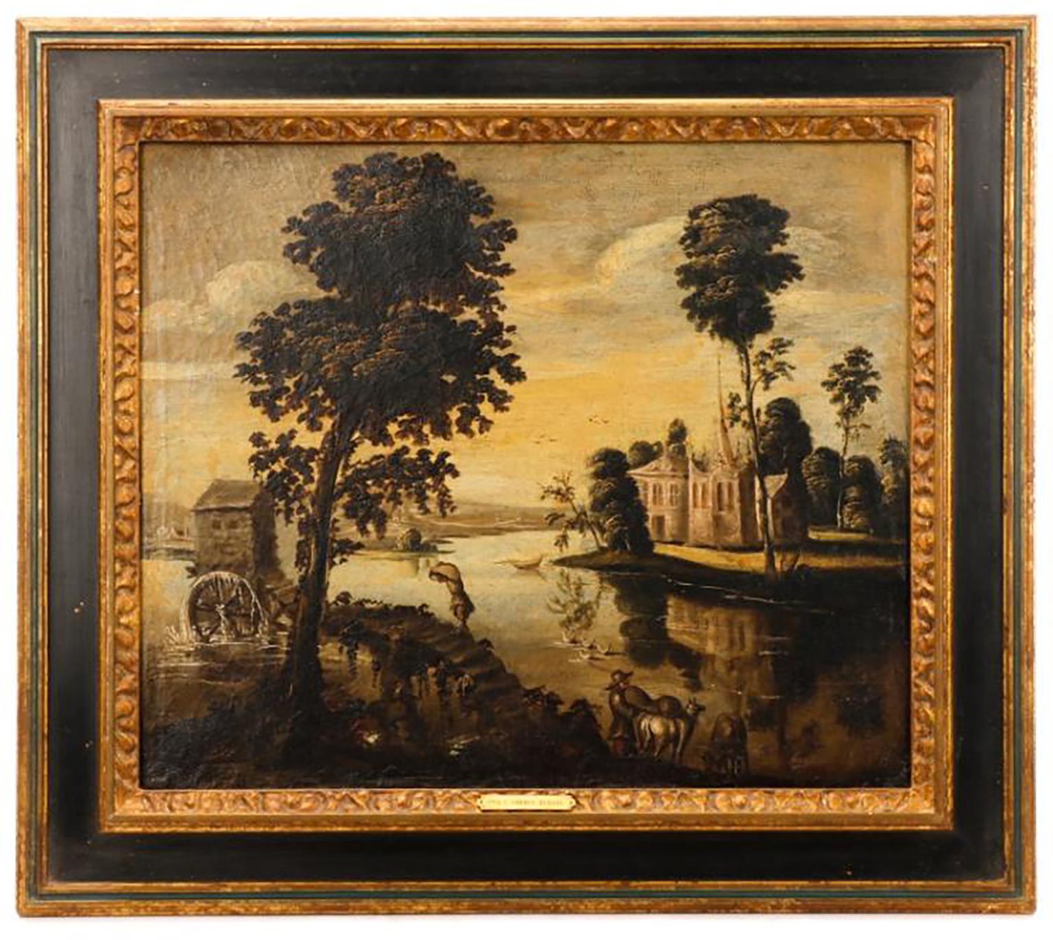 Unknown Landscape Painting - 18th Century Continental Riverside Mill Landscape Oil
