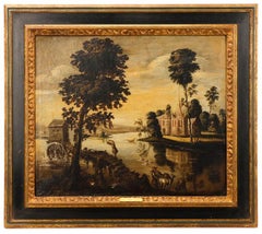 18th Century Continental Riverside Mill Landscape Oil
