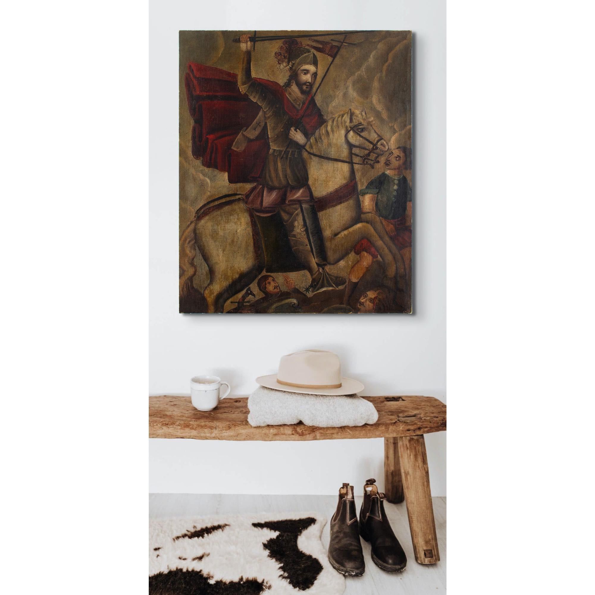 This 18th-century Peruvian oil painting depicts James Matamoros, the former Patron Saint of Spain, holding a sword and cross while riding a white horse.

From 1532, Cusco, Peru, became a Spanish colony and the church sought to convert the indigenous