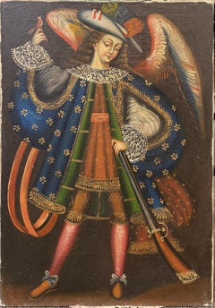 Peinture à l'huile péruvienne de l'école de Cuzco du XVIIIe siècle représentant un archange n° 2