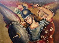 Peinture à l'huile péruvienne de l'école de Cuzco du XVIIIe siècle représentant un archange n° 3