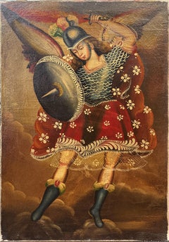 Peinture à l'huile péruvienne de l'école de Cuzco du XVIIIe siècle représentant un archange n° 3