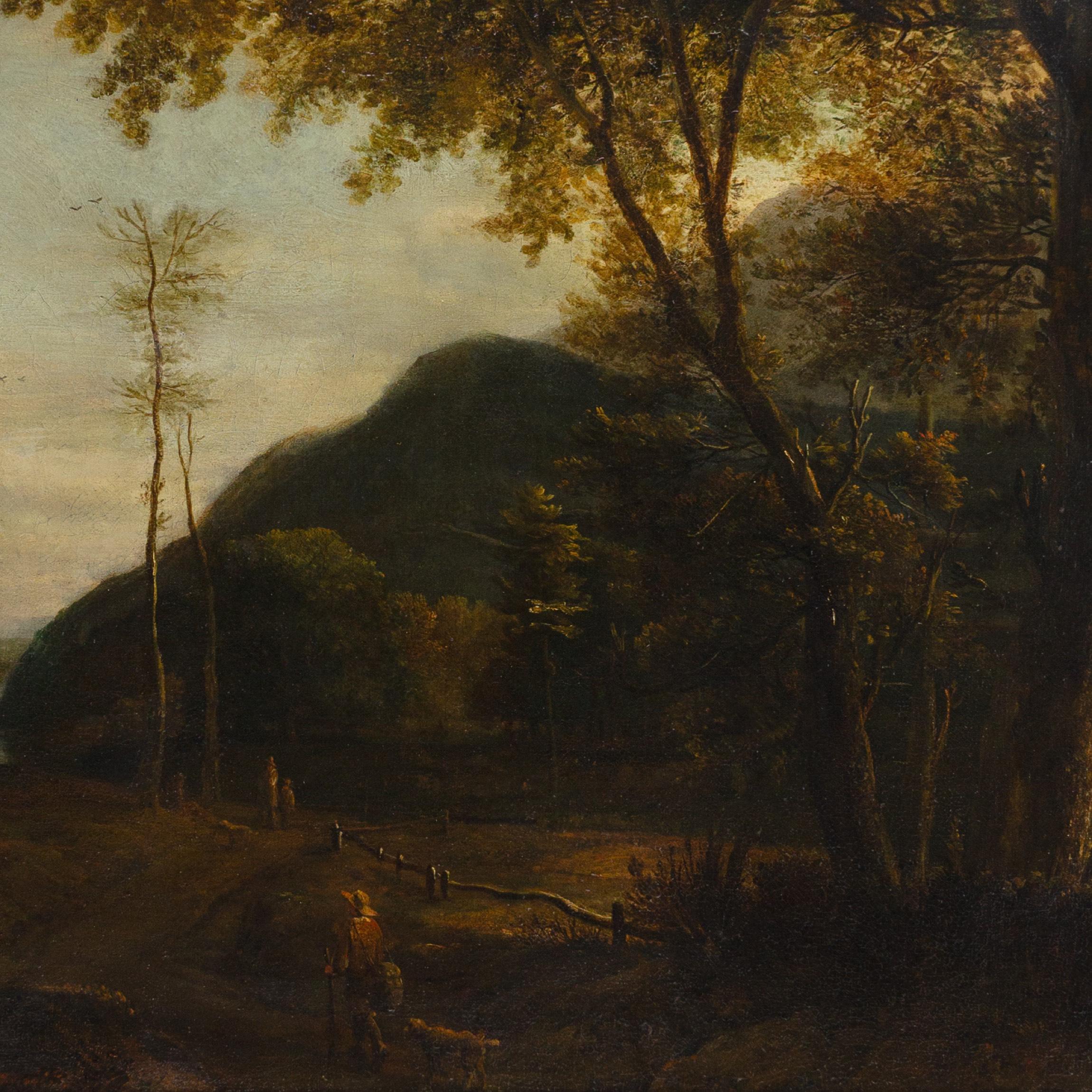 18th Century Dutch Landscape Painting, Landscape With River, Wayfarer & Dog For Sale 4