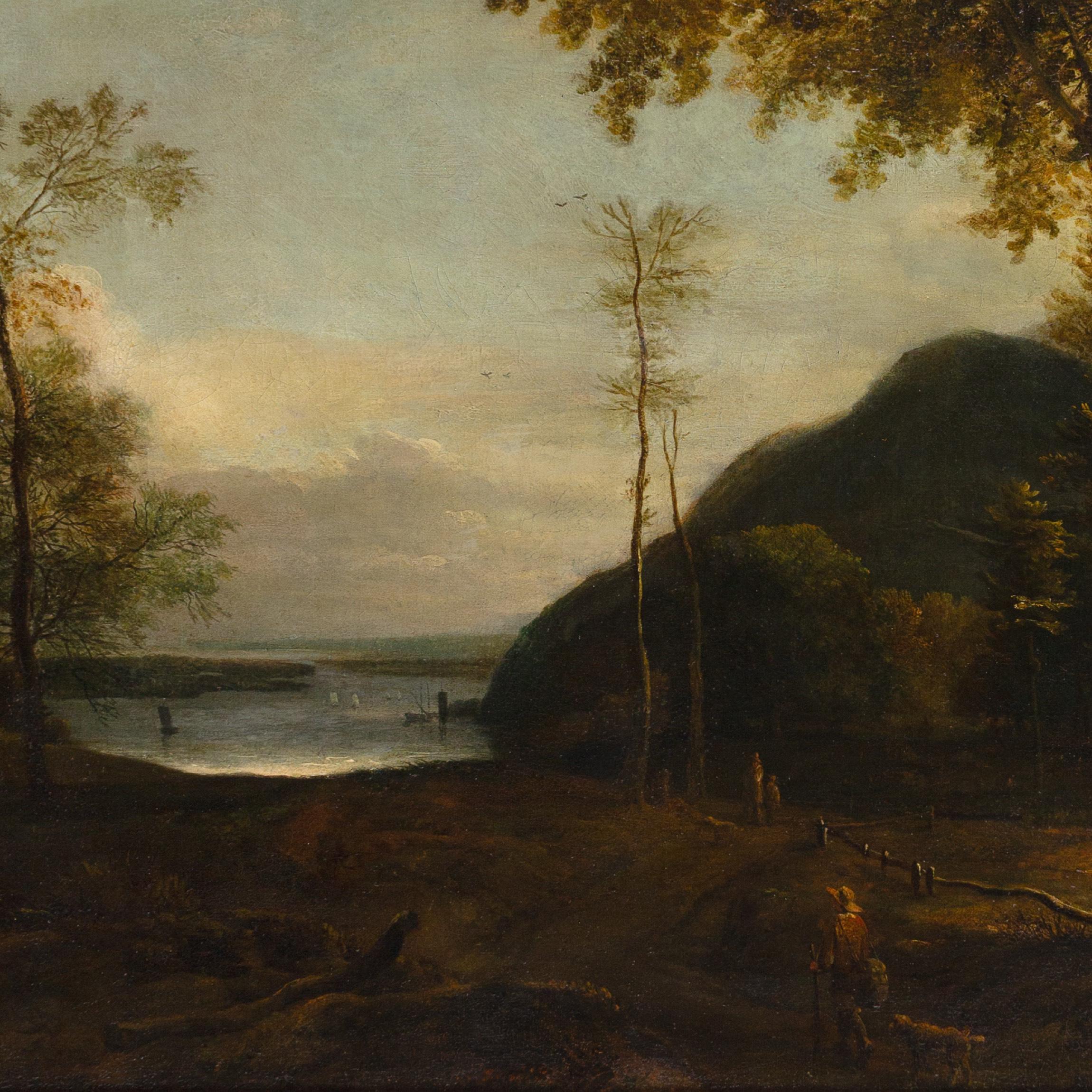 18th Century Dutch Landscape Painting, Landscape With River, Wayfarer & Dog For Sale 5