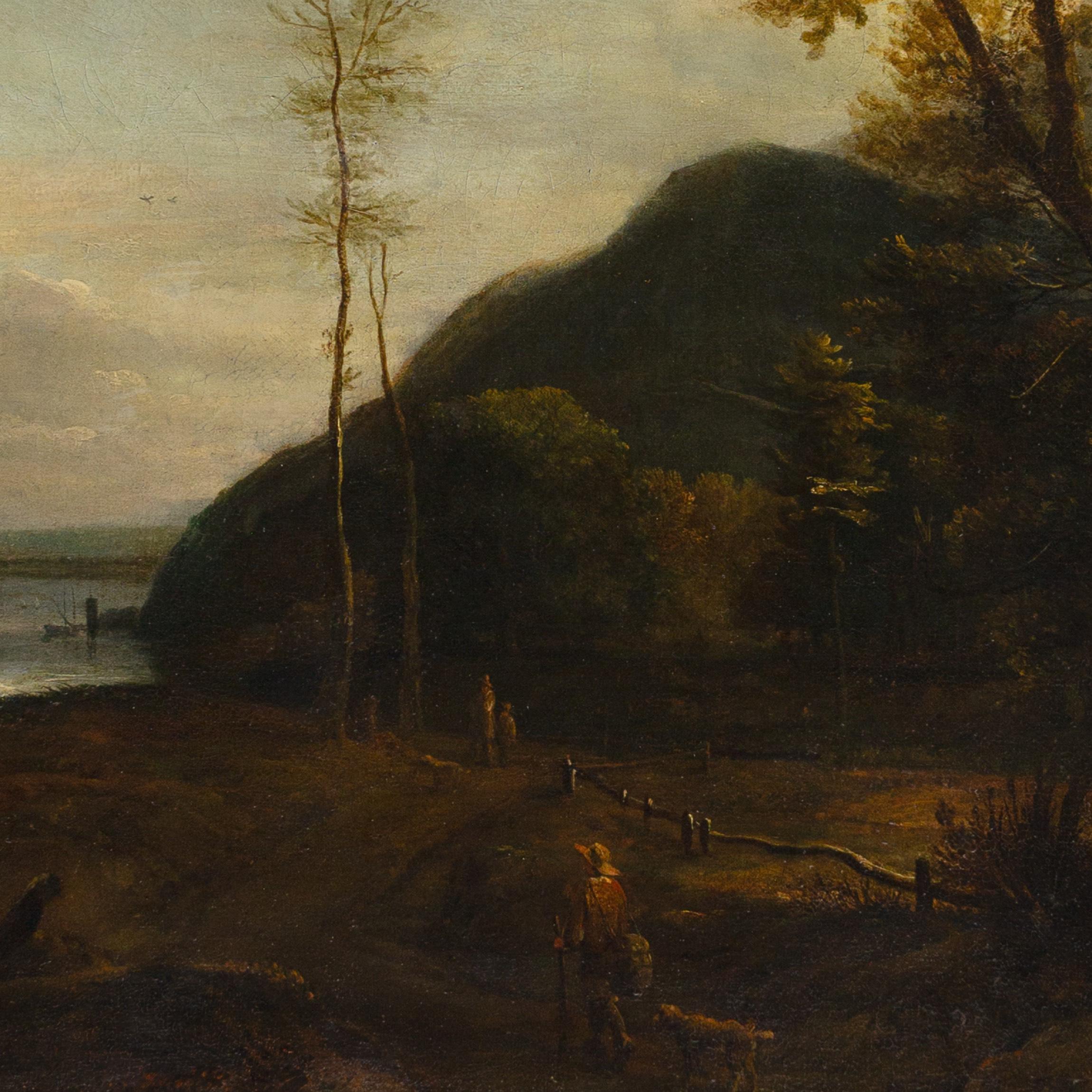 18th Century Dutch Landscape Painting, Landscape With River, Wayfarer & Dog For Sale 6