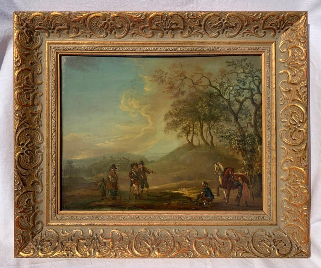 18th century Dutch landscape painting - Travelers - Oil on copper frame - Painting by Unknown