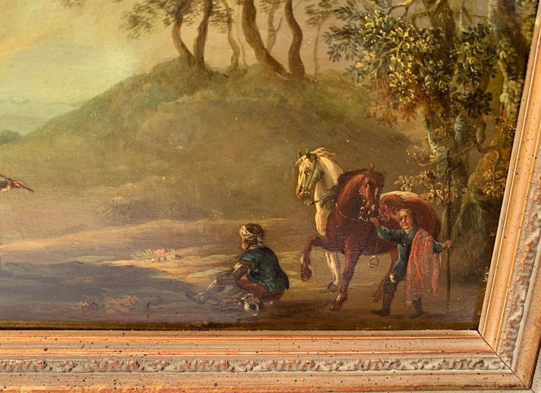 18th century Dutch landscape painting - Travelers - Oil on copper frame - Flemish School Painting by Unknown