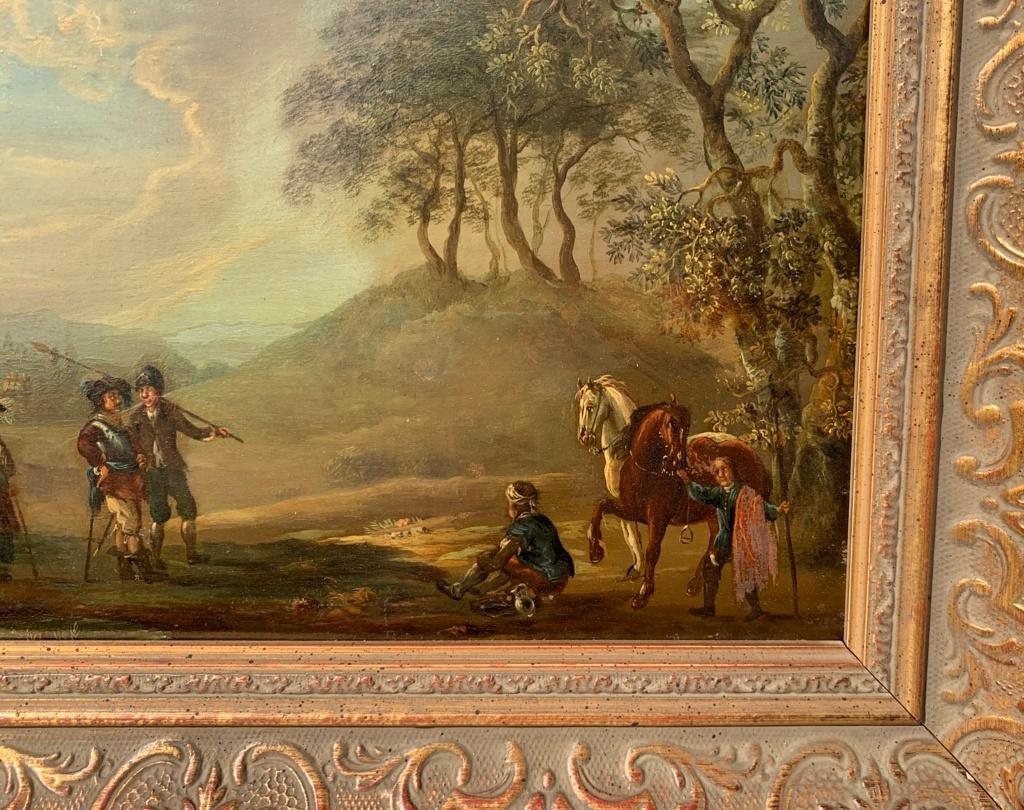 18th century Dutch landscape painting - Travelers - Oil on copper frame - Brown Landscape Painting by Unknown