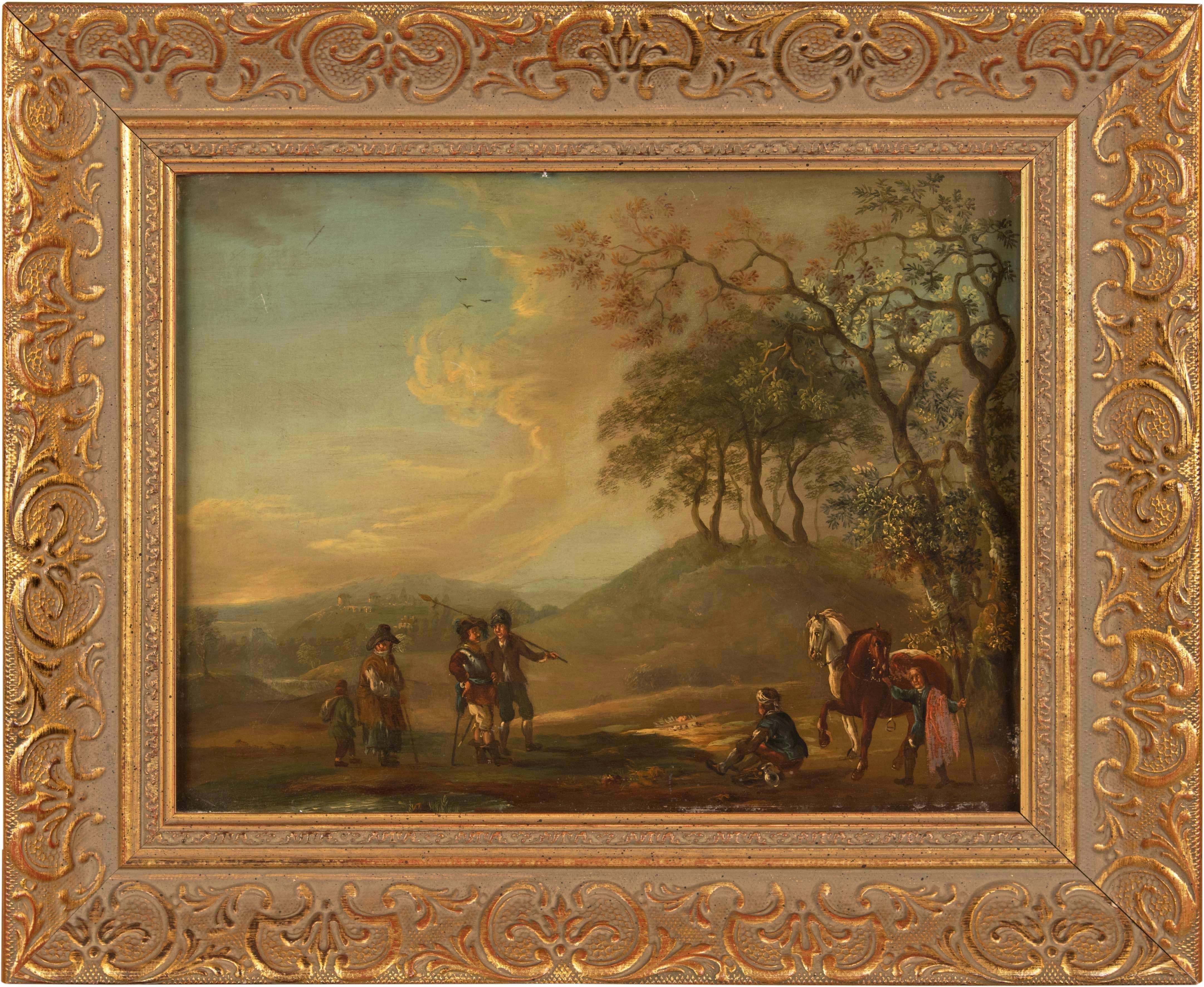 Unknown Landscape Painting - 18th century Dutch landscape painting - Travelers - Oil on copper frame