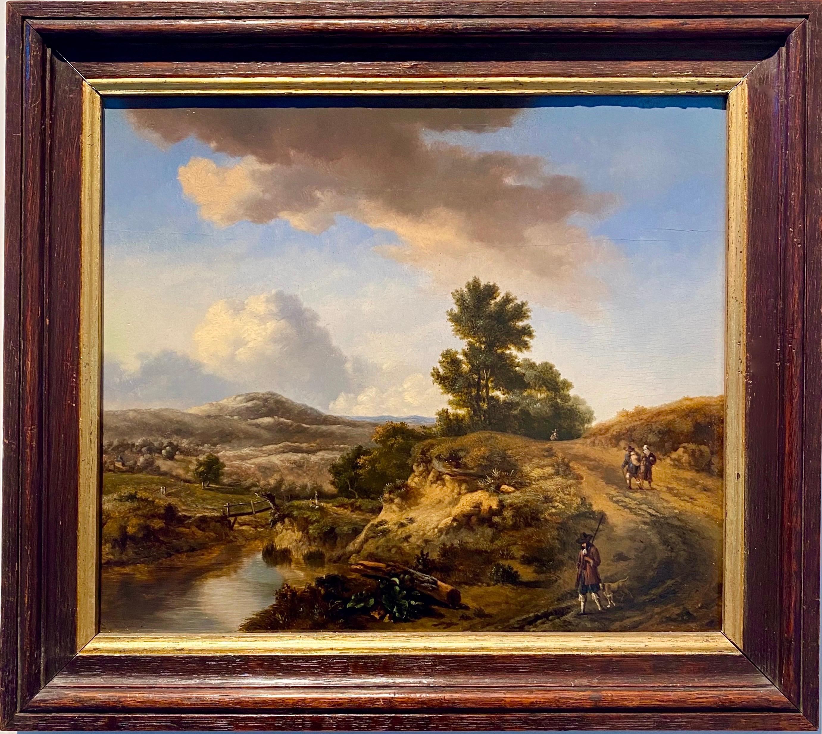18th century Dutch old master painting - Dune landscape with travellers and dog