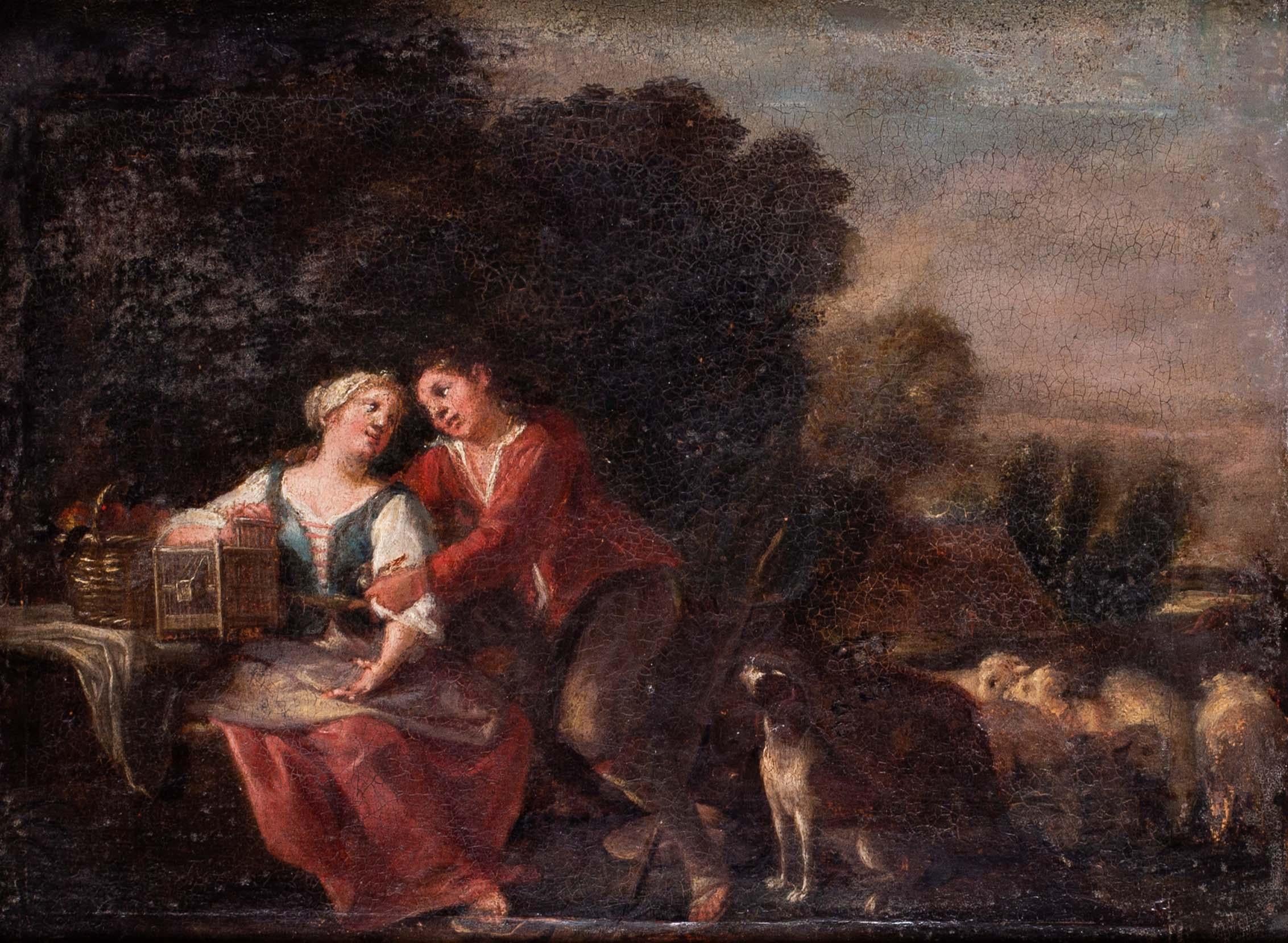 18th Century English school oil painting of lovers - Painting by Unknown