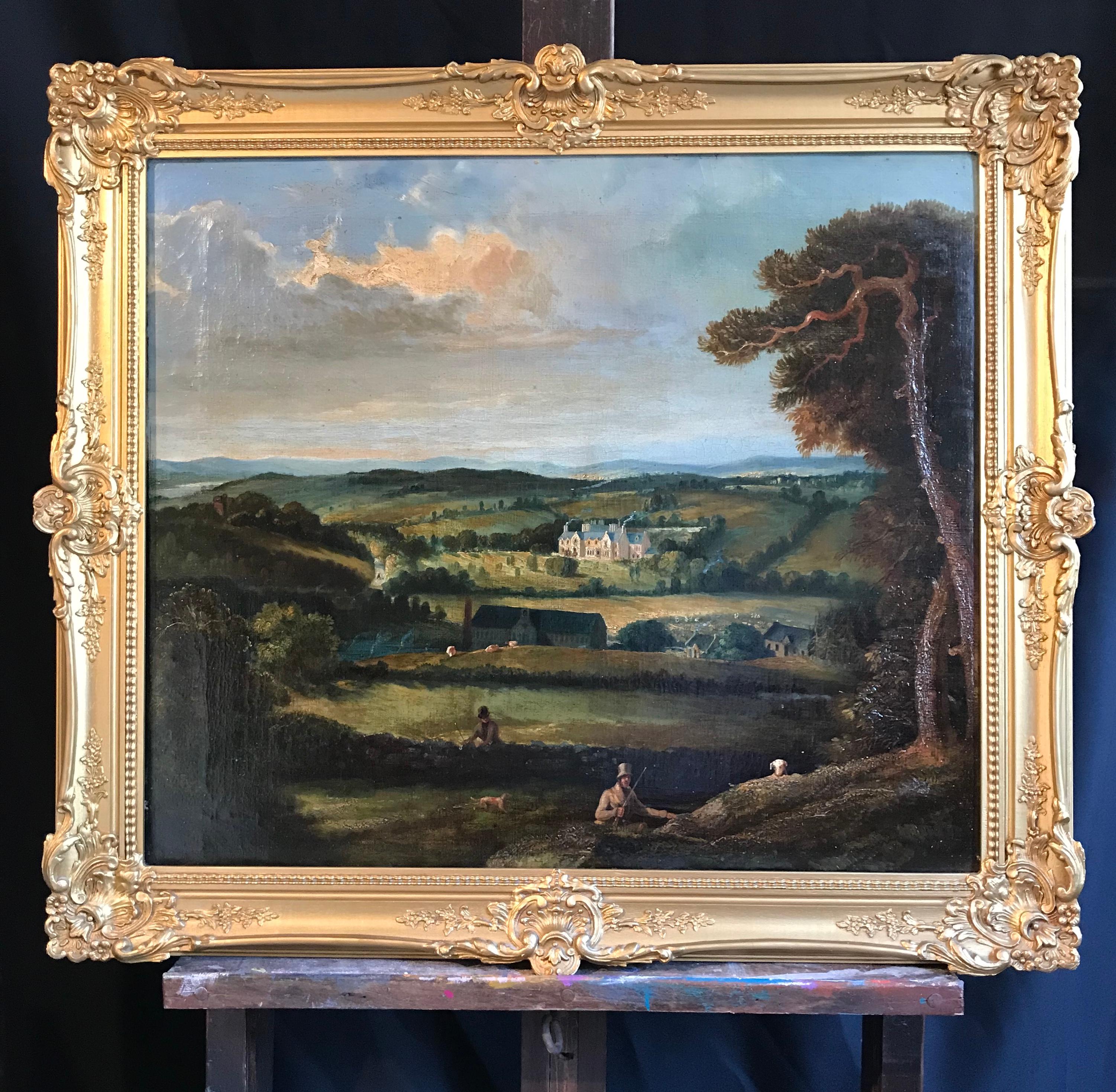 Unknown Figurative Painting - 18th Century English Sporting Oil Painting Country House Landscape