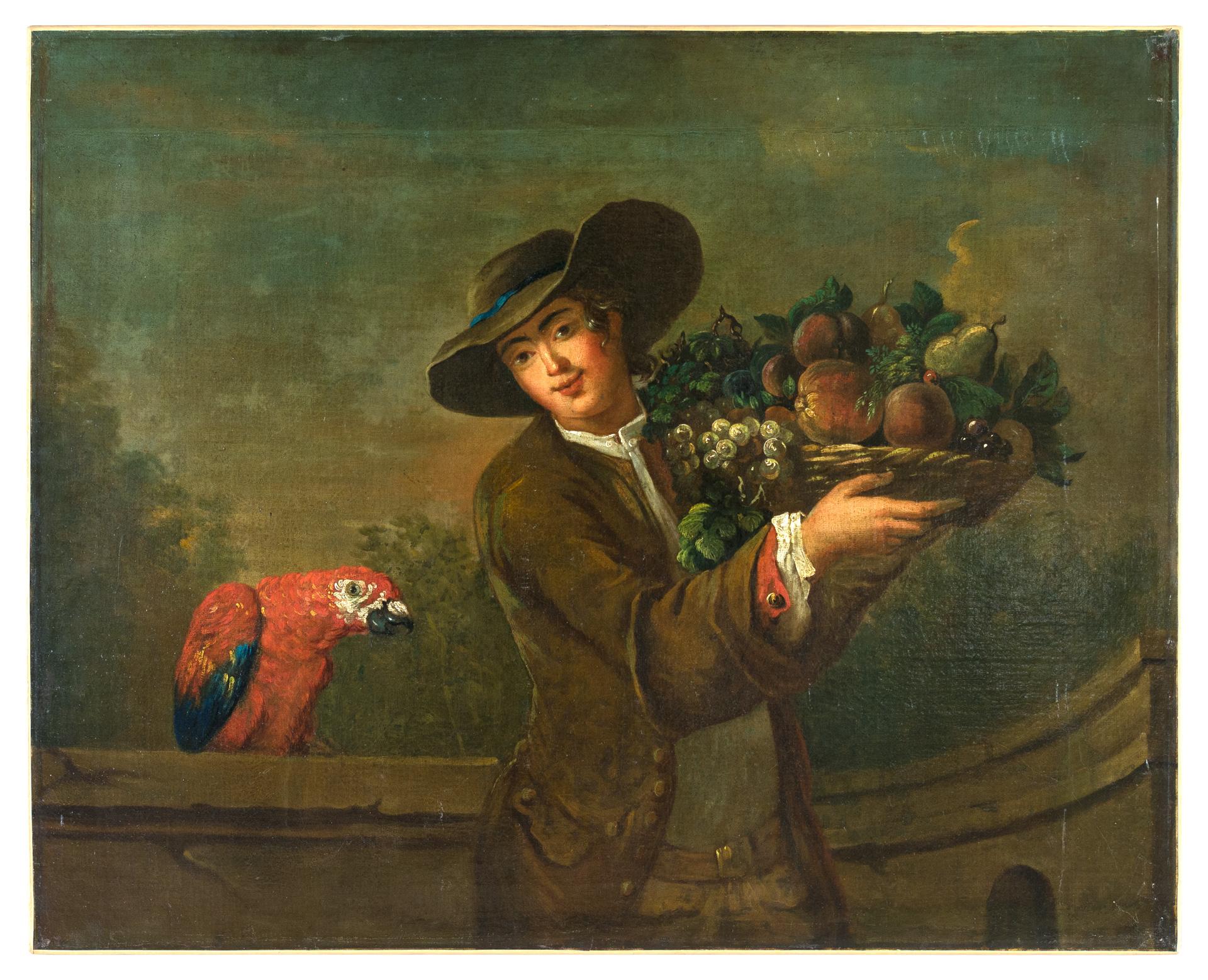  18th century European figure painting - Dandy parrot - Oil on canvas Rococò